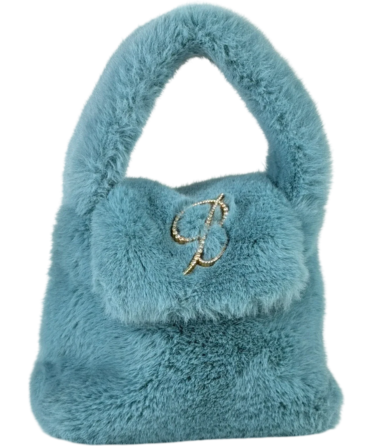 BLUMARINE Faux Fur Top Handle Bag With Brocch Logo In Lagoon Blue One Size
