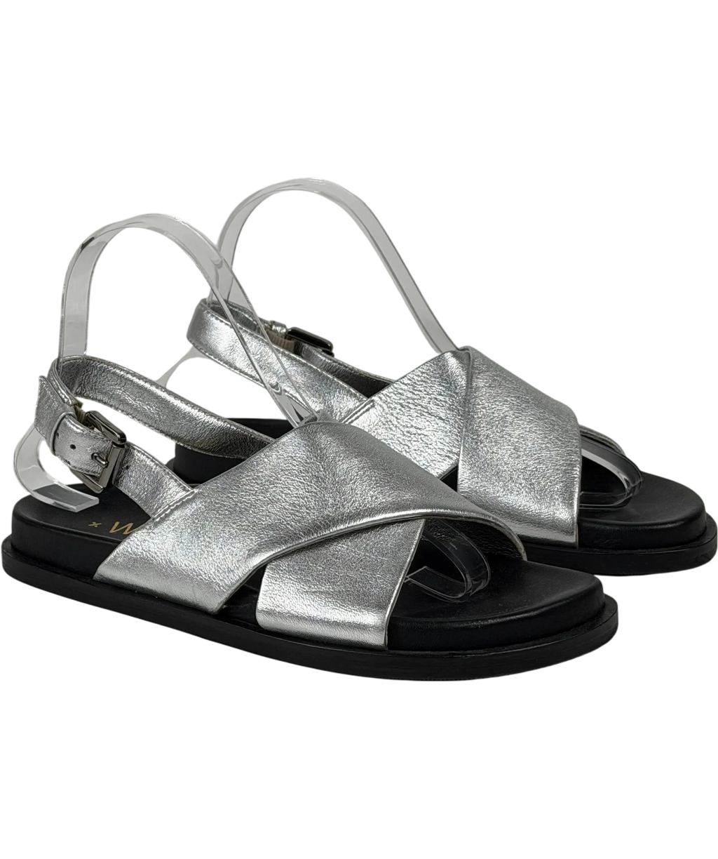 WYSE LONDON Butter Soft Leather Metallic Silver Cross Strap Footbed Sandals UK 4 EU 37