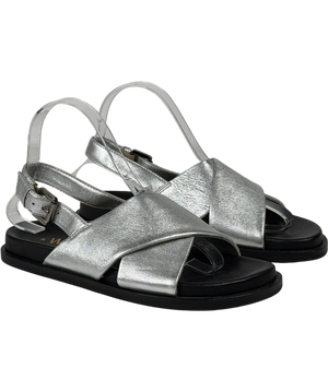 WYSE LONDON Butter Soft Leather Metallic Silver Cross Strap Footbed Sandals UK 4 EU 37