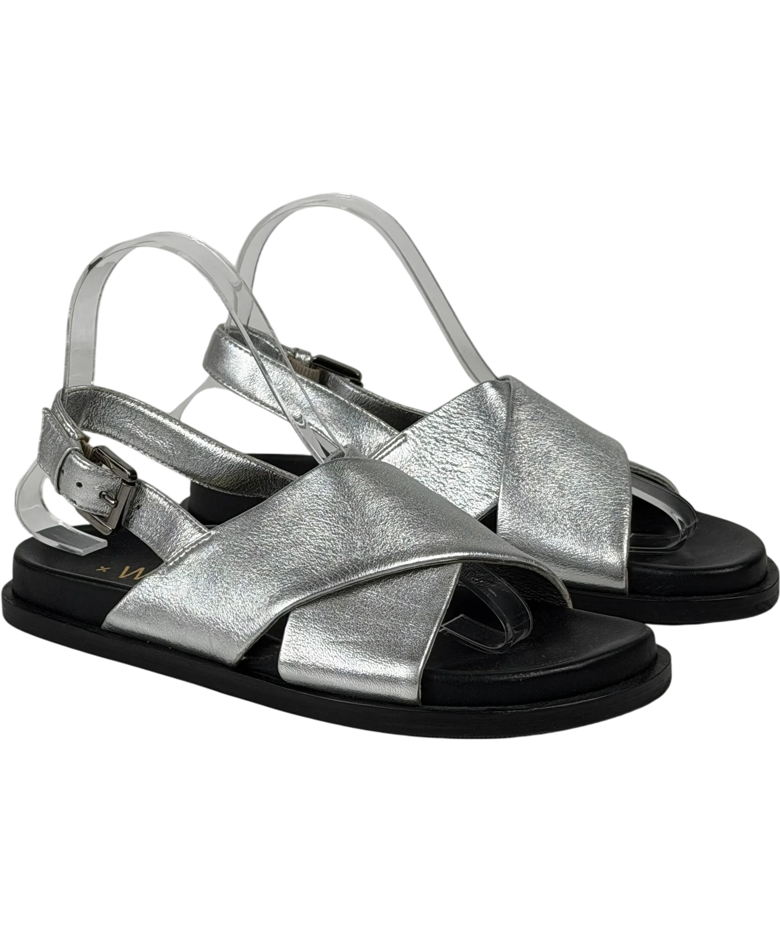 WYSE LONDON Butter Soft Leather Metallic Silver Cross Strap Footbed Sandals UK 4 EU 37