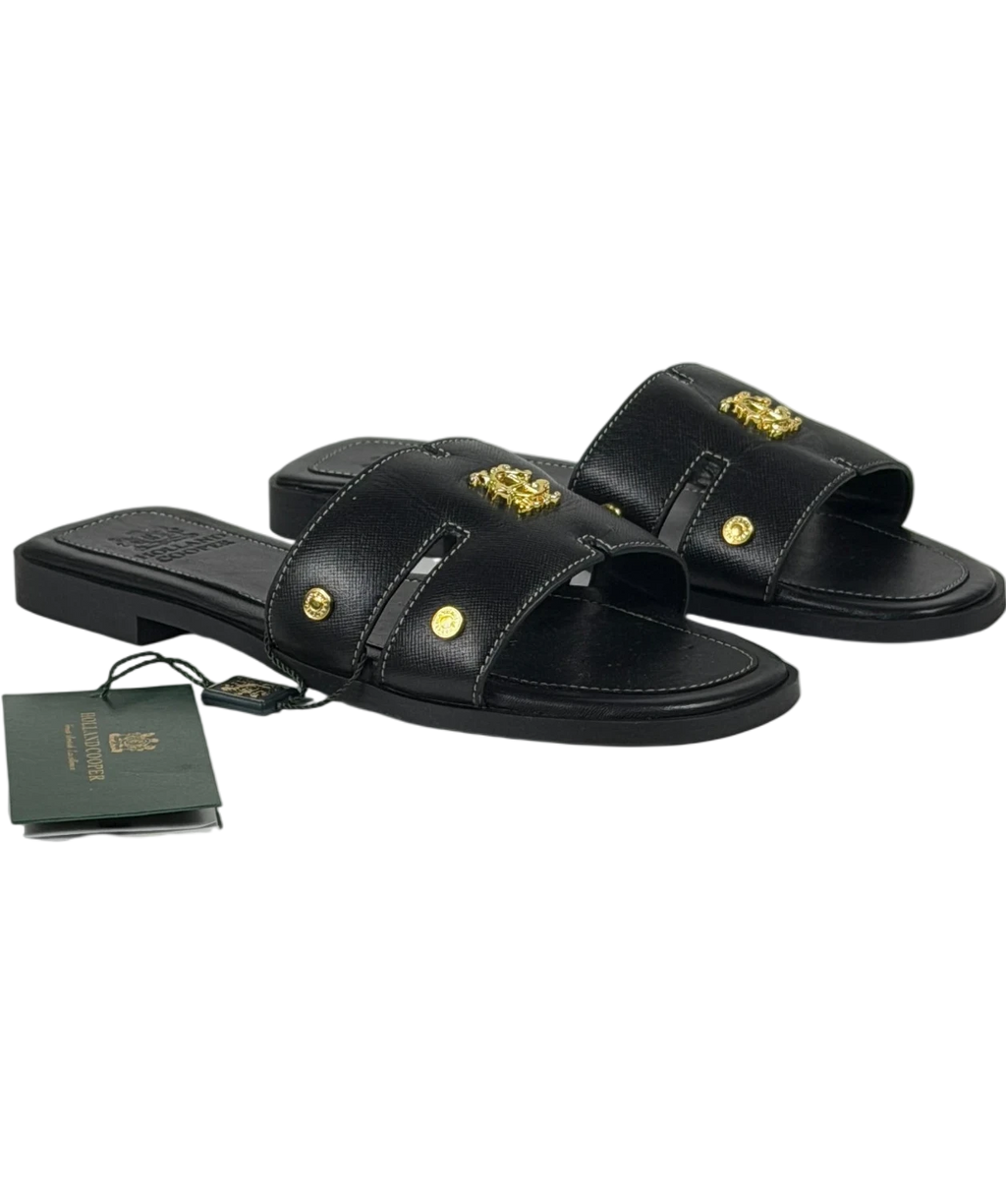 HOLLAND COOPER Heraldic Monogram Slides Black Saffiano / Gold Leogo UK 3 EU 36