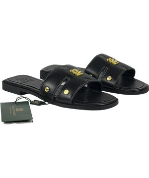 HOLLAND COOPER Heraldic Monogram Slides Black Saffiano / Gold Leogo UK 3 EU 36