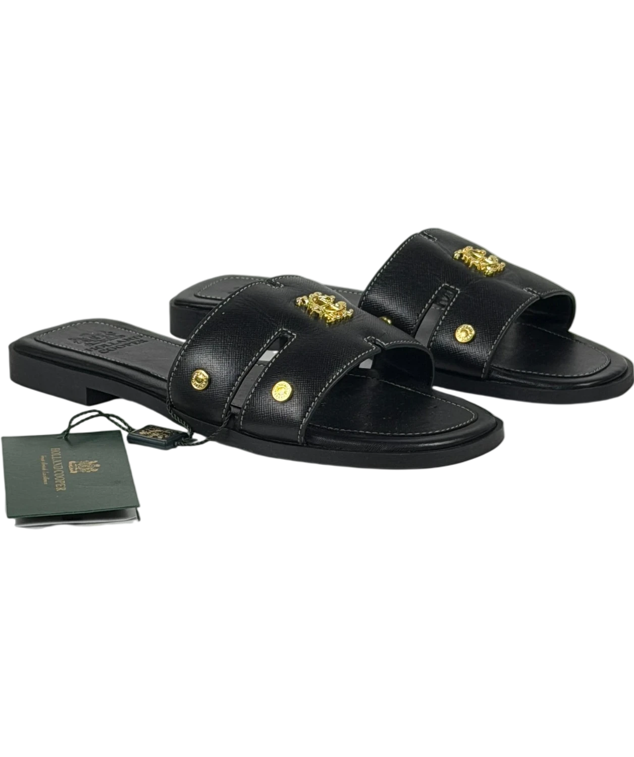 HOLLAND COOPER Heraldic Monogram Slides Black Saffiano / Gold Leogo UK 3 EU 36