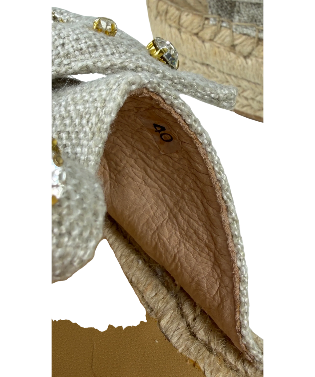 BIBI LOU Beige Linen Crystal-embellished Bow Espadrille Slide Sandals UK 7 EU 40