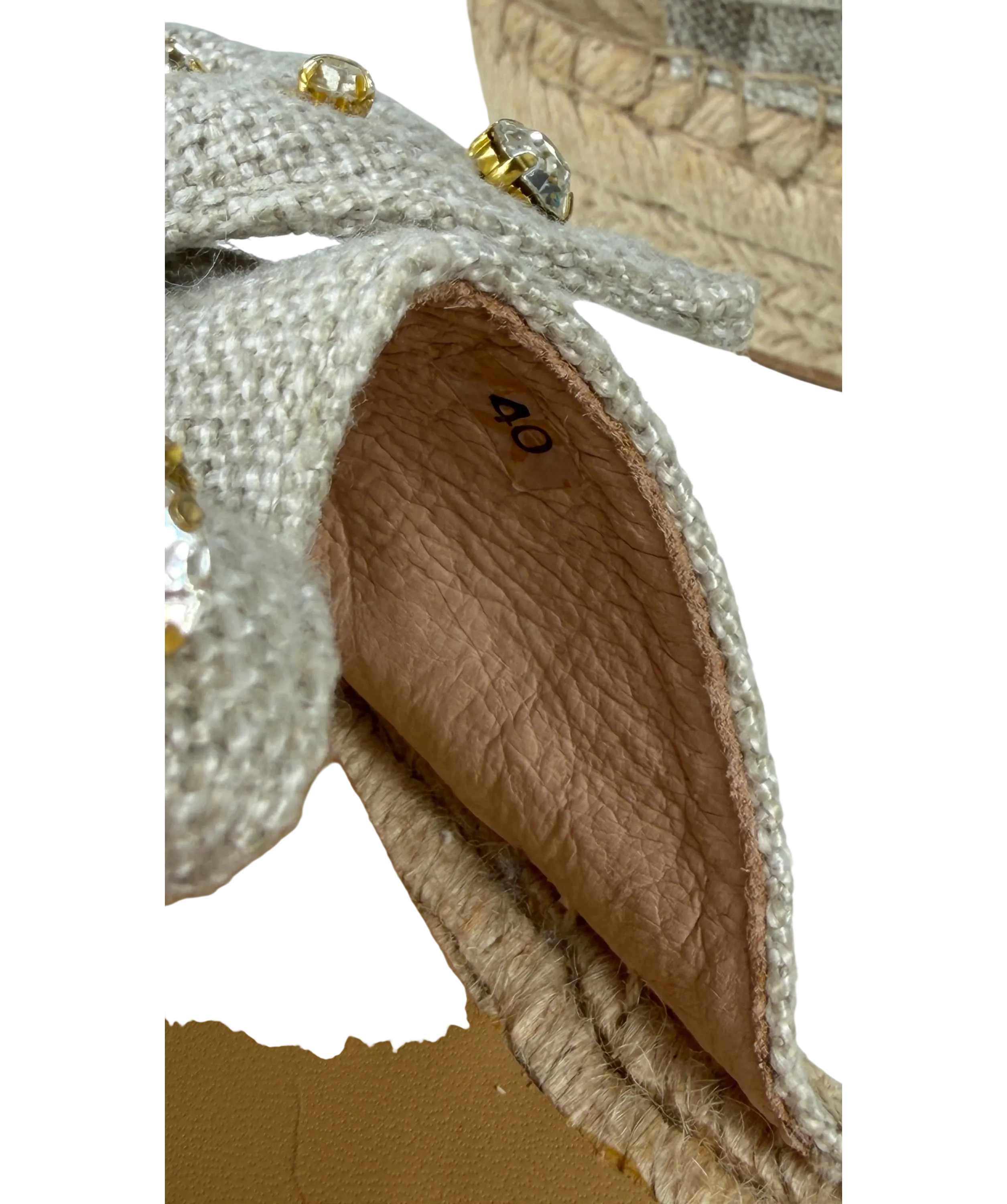 BIBI LOU Beige Linen Crystal-embellished Bow Espadrille Slide Sandals UK 7 EU 40