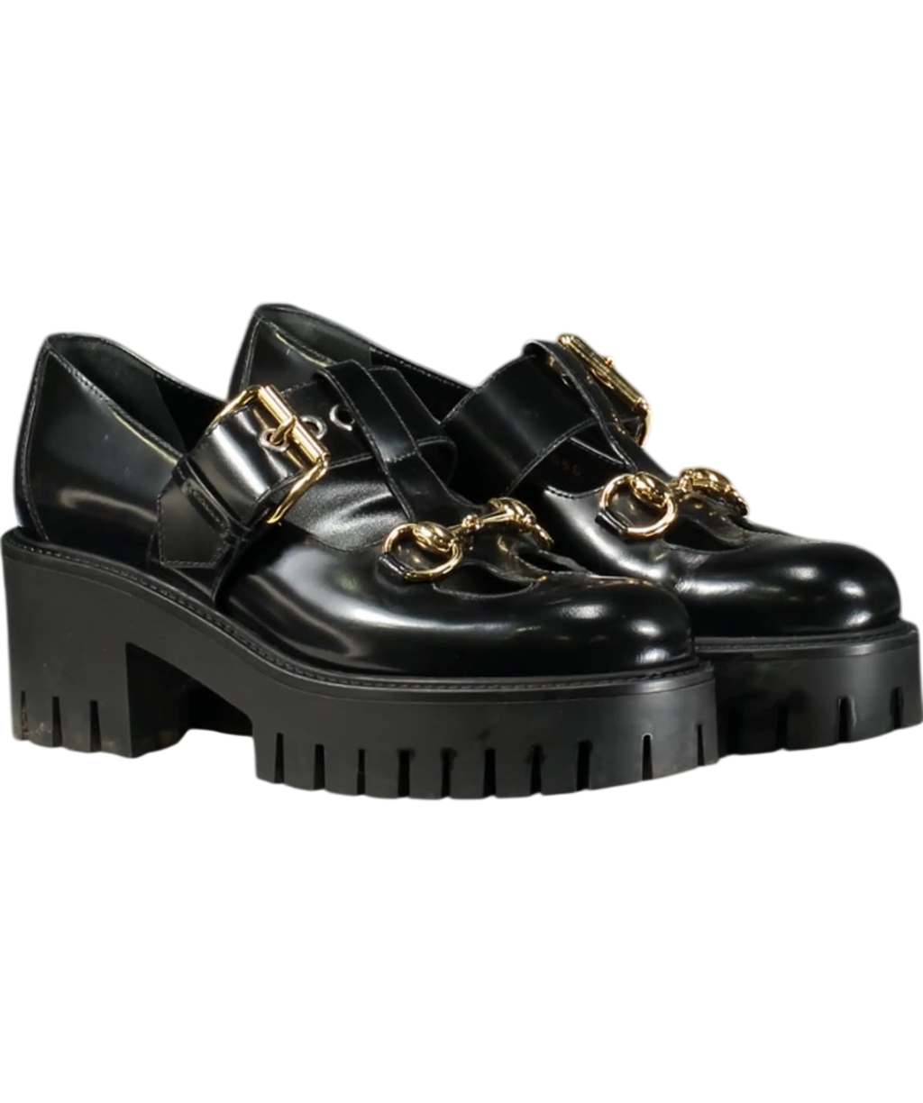 GUCCI Black Leather Horsebit Lug-sole Platform Loafers / Mary Janes UK 2 EU 35