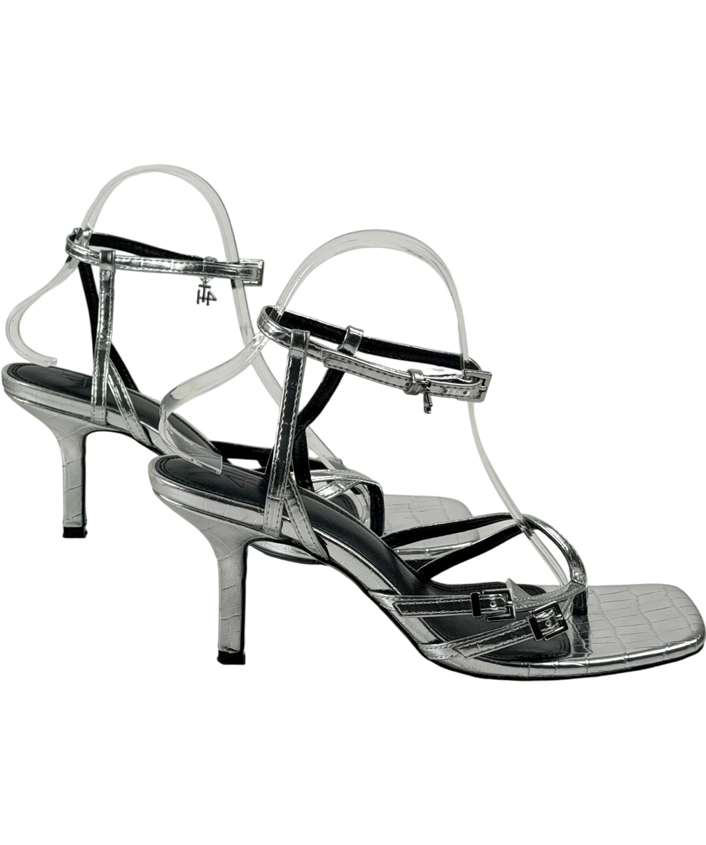 4th & Reckless Metallic Chicago Silver Buckle Heeled Sandals UK 7 EU 40