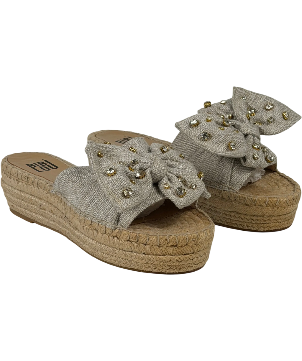 BIBI LOU Beige Linen Crystal-embellished Bow Espadrille Slide Sandals UK 7 EU 40