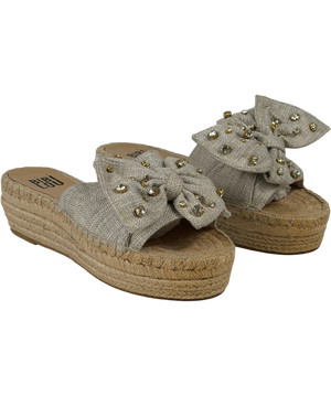 BIBI LOU Beige Linen Crystal-embellished Bow Espadrille Slide Sandals UK 7 EU 40