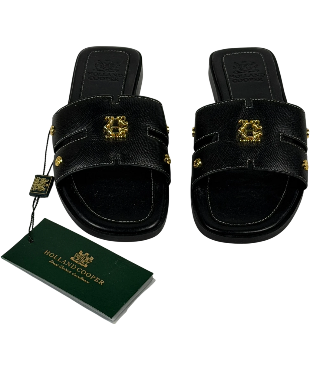 HOLLAND COOPER Heraldic Monogram Slides Black Saffiano / Gold Leogo UK 3 EU 36
