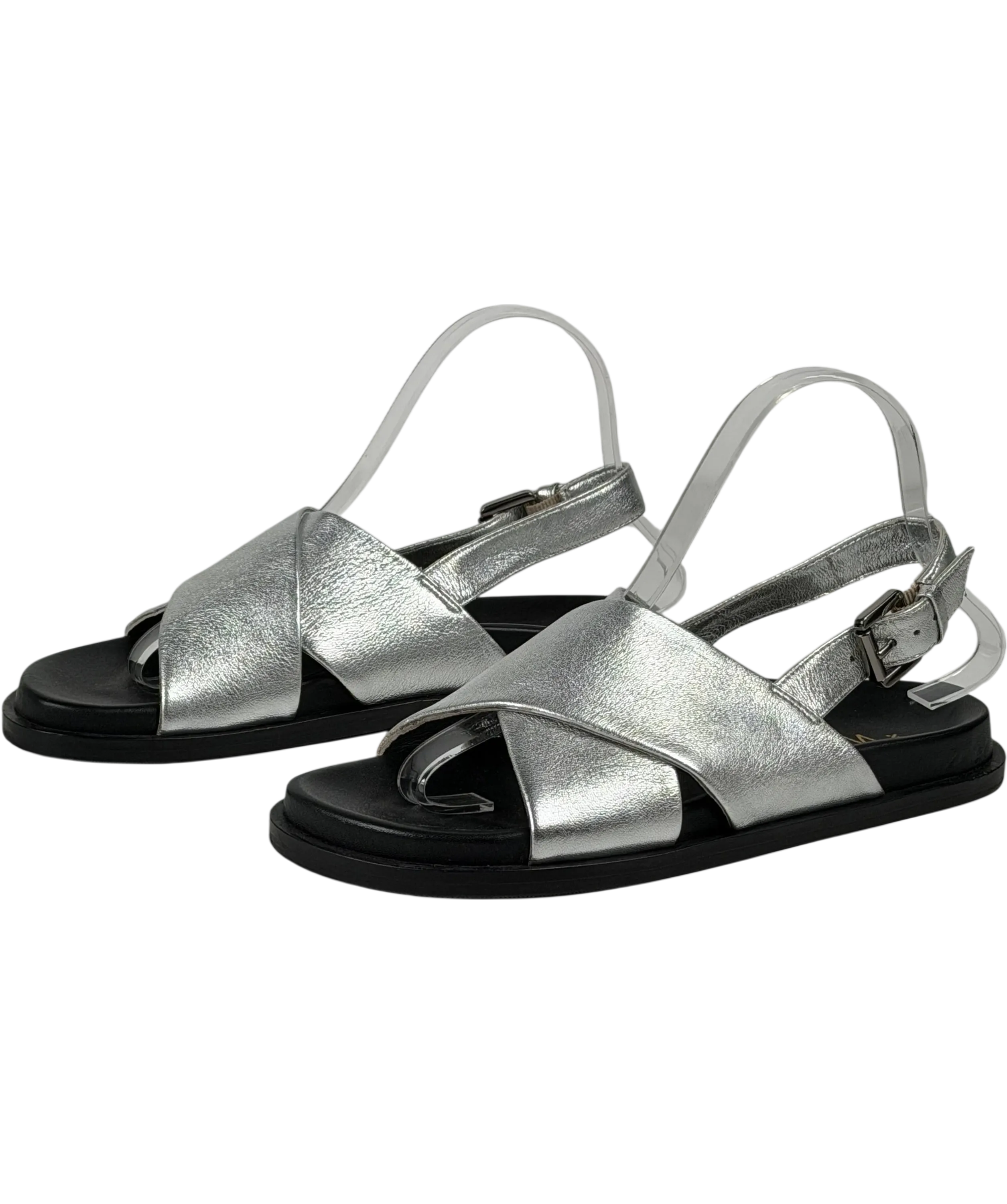 WYSE LONDON Butter Soft Leather Metallic Silver Cross Strap Footbed Sandals UK 4 EU 37