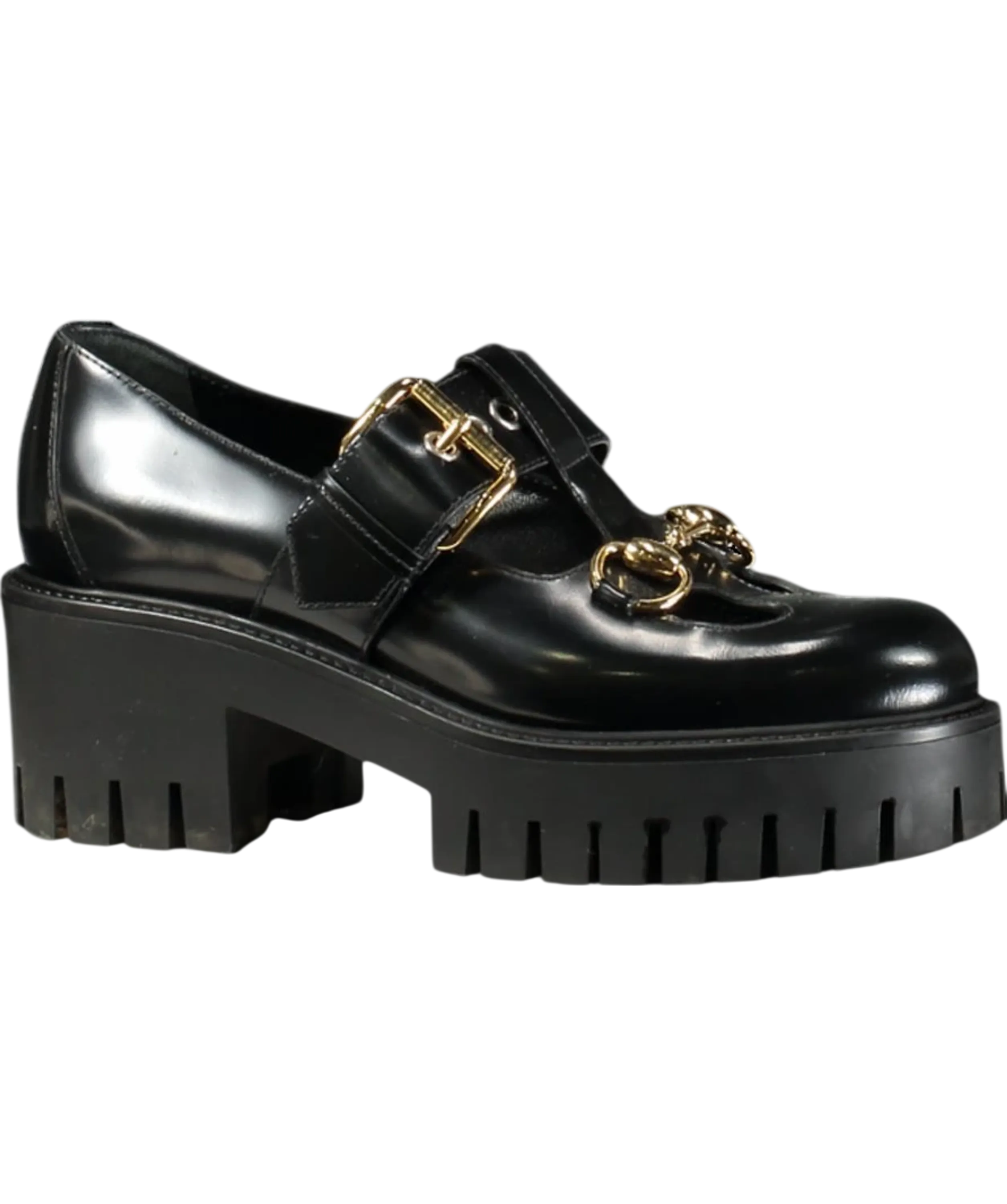GUCCI Black Leather Horsebit Lug-sole Platform Loafers / Mary Janes UK 2 EU 35