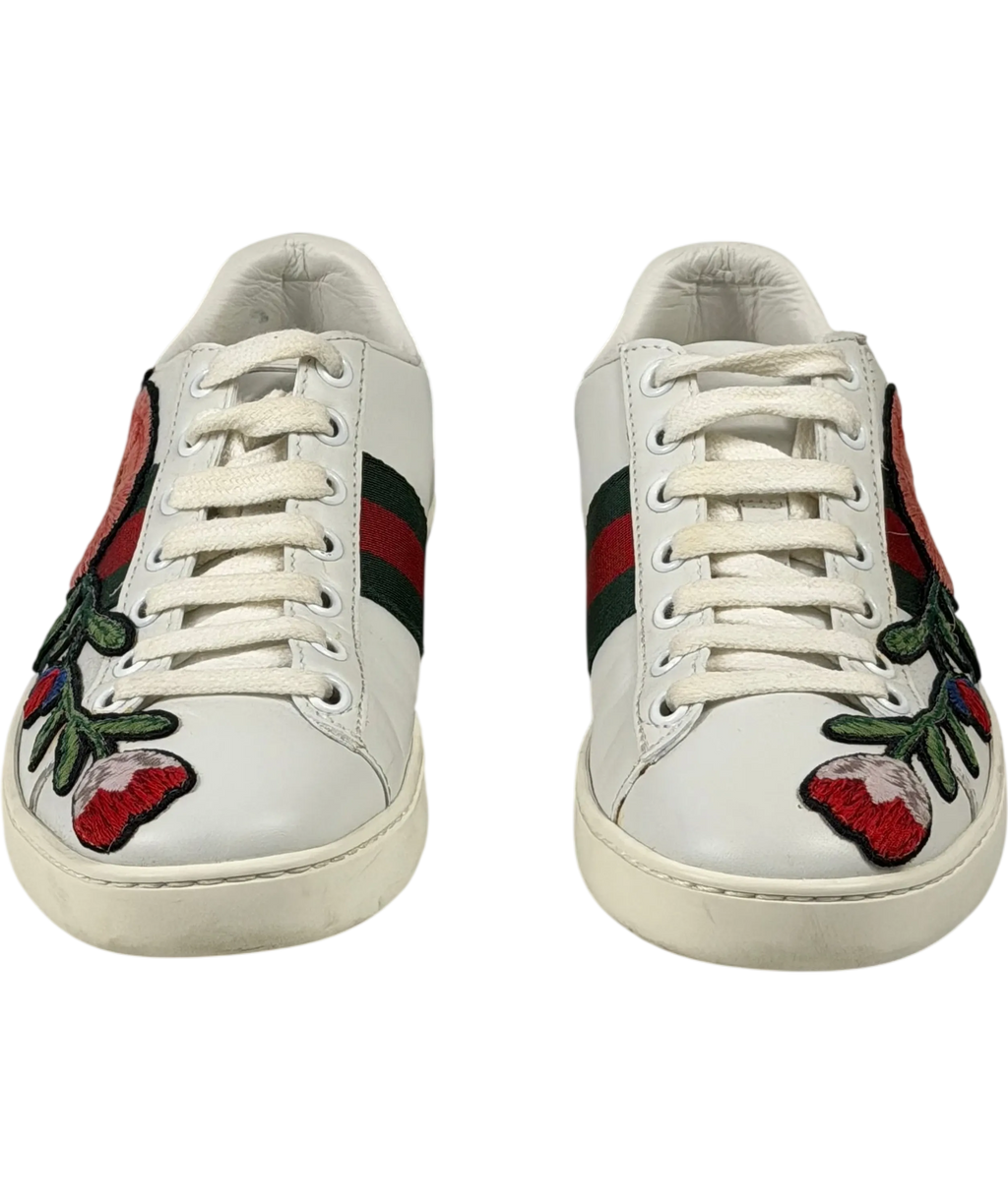 Gucci White Leather Ace Floral Embroidered Low-top Trainers Bow Heels UK 2 EU 35