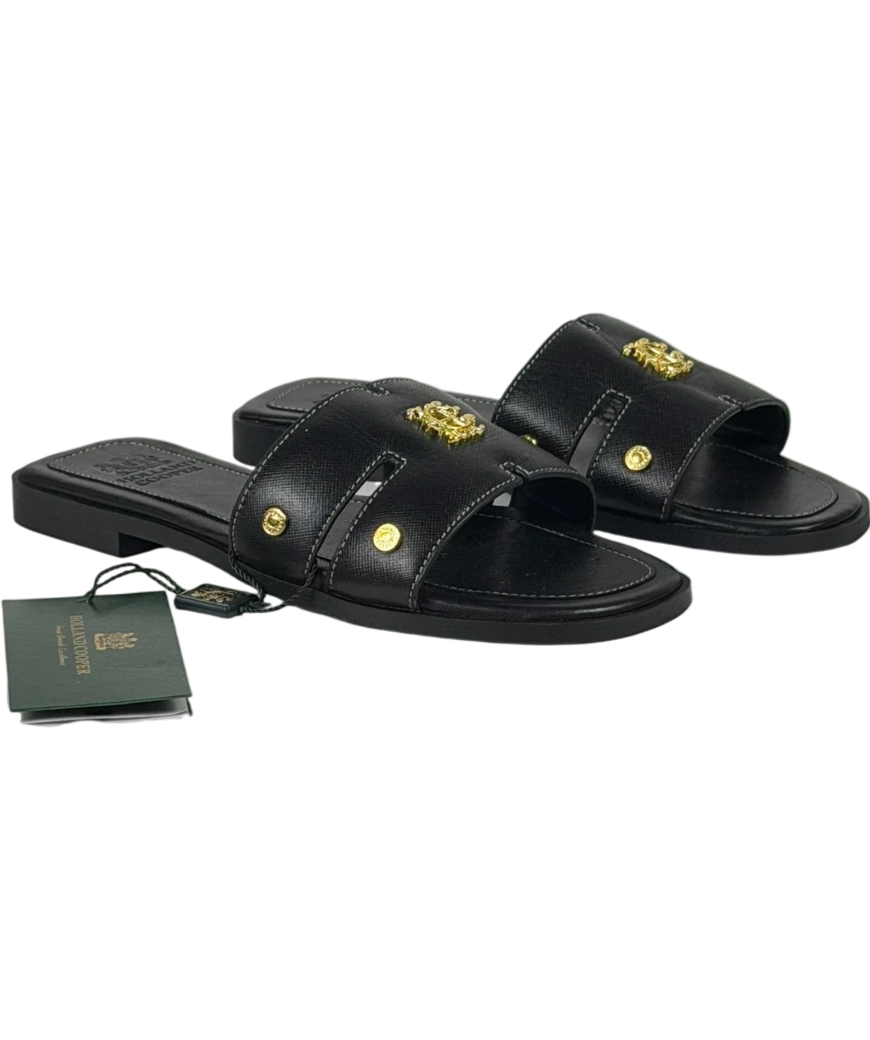 HOLLAND COOPER Heraldic Monogram Slides Black Saffiano / Gold Leogo UK 3 EU 36