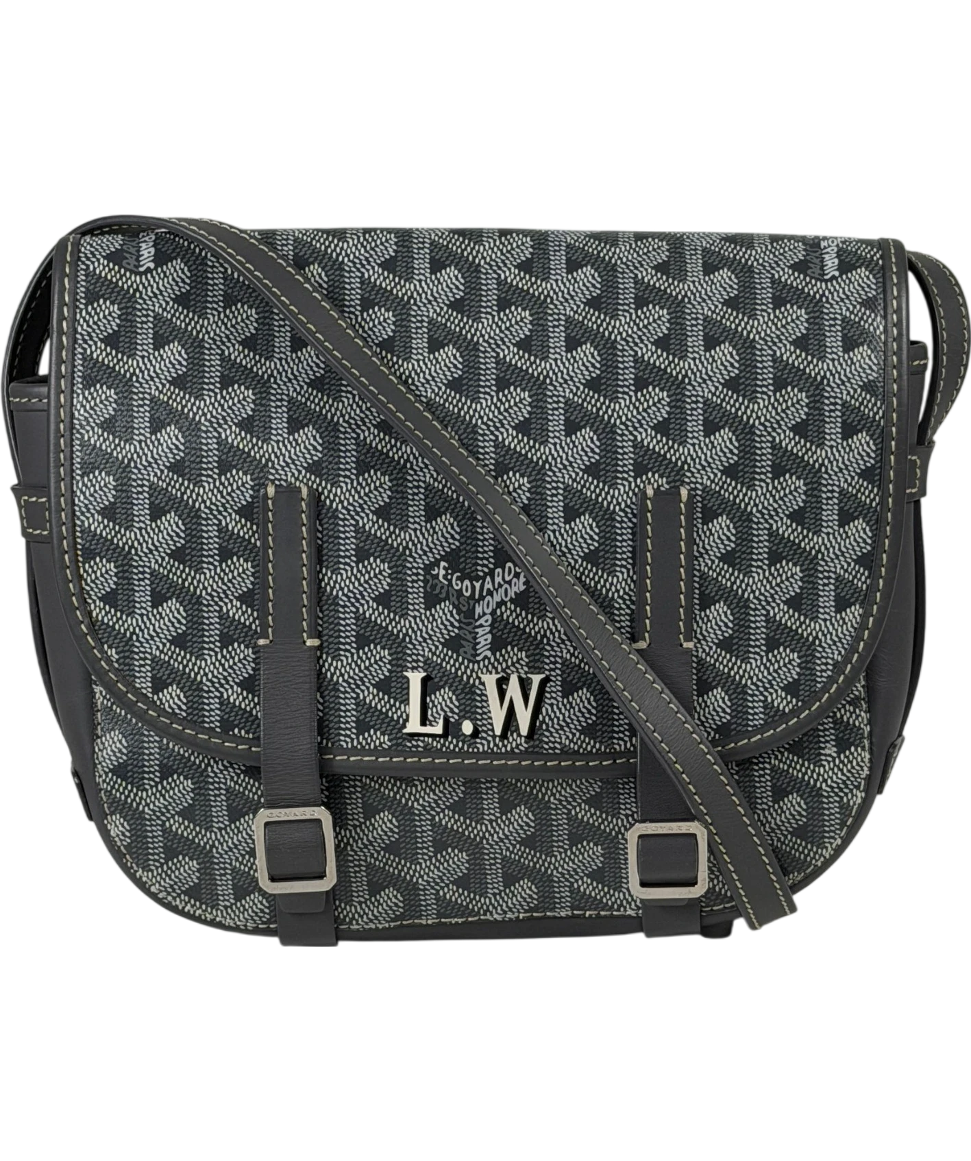 GOYARD Personalized "L.W" Grey Goyardine Canvas Belvedere Pm Messenger Bag