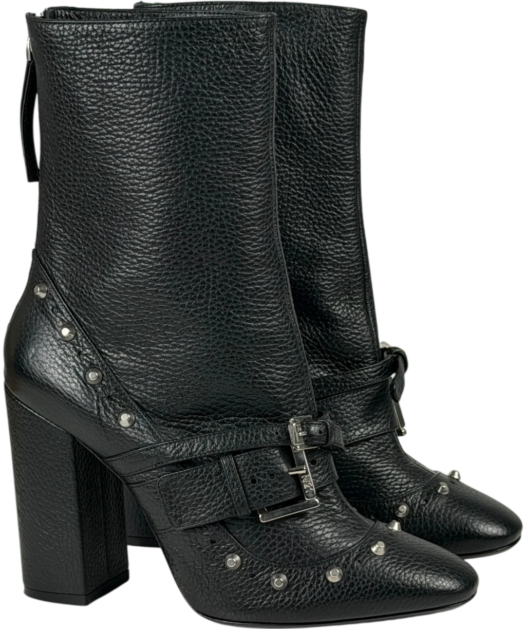 No21 Black Leather Studded Buckle Block Heel Ankle Boots UK 8 EU 41