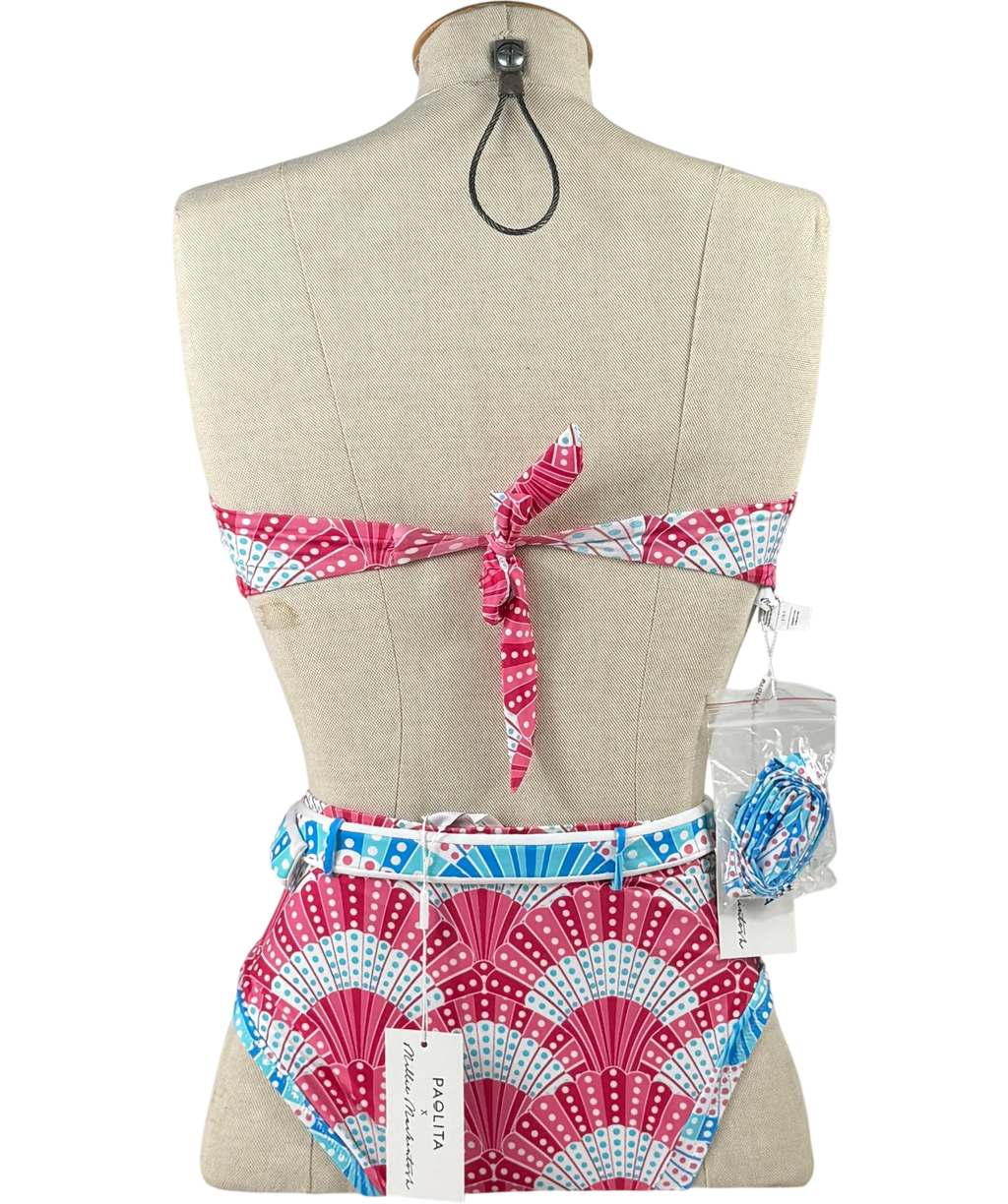 PAOLITA Multicoloured Pink Fan Print Bandeau Belted Bikini Set UK S
