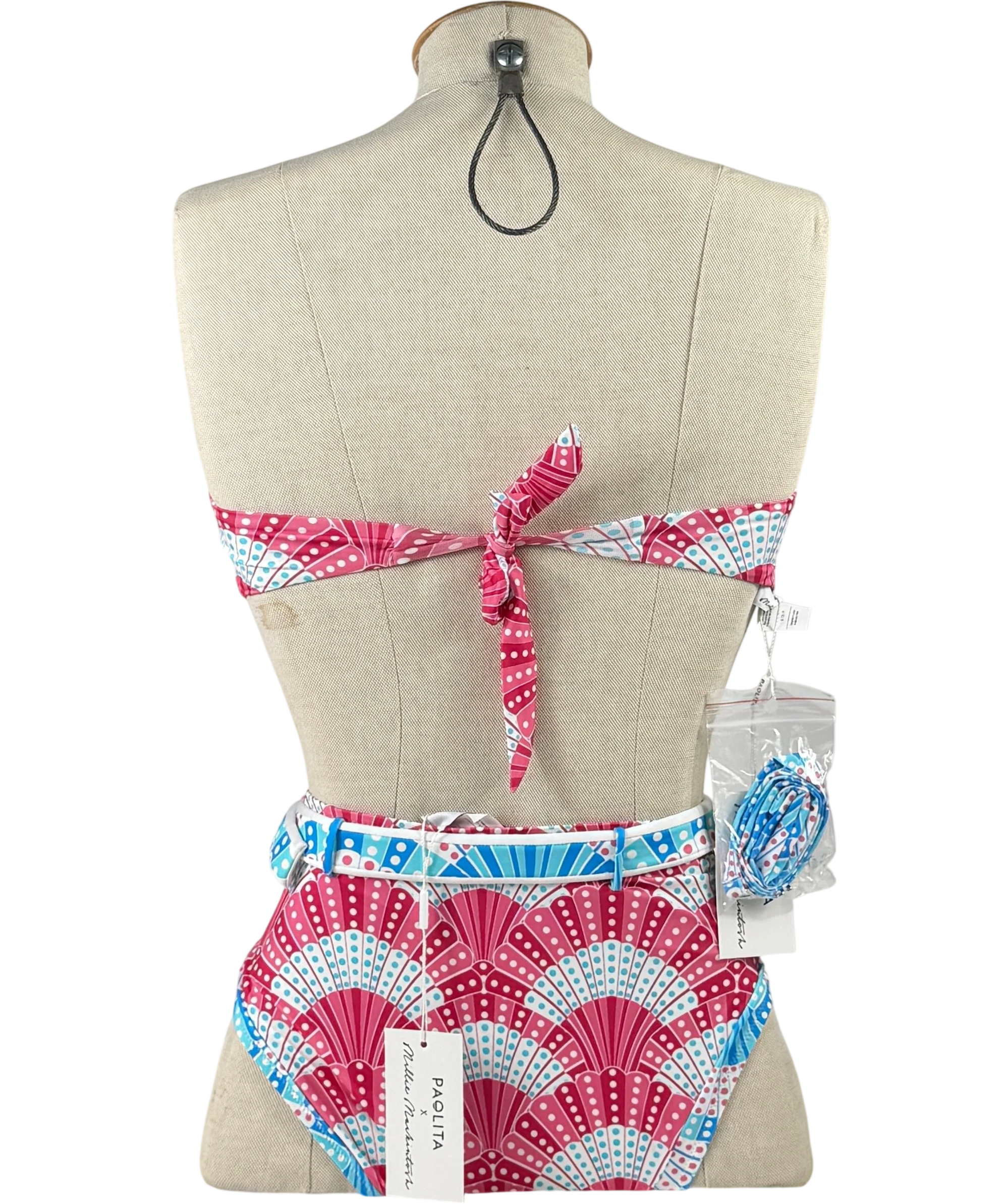 PAOLITA Multicoloured Pink Fan Print Bandeau Belted Bikini Set UK S