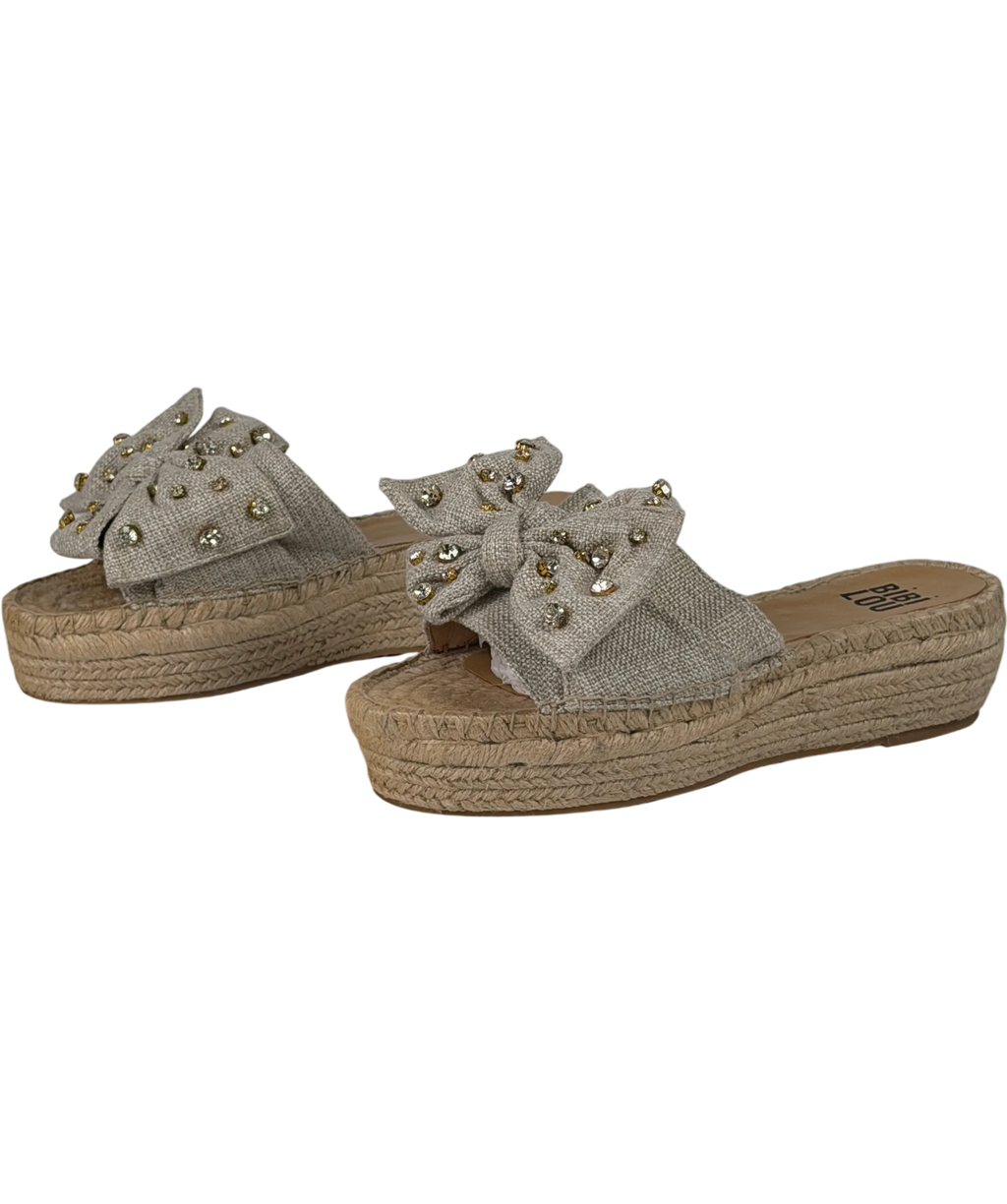 BIBI LOU Beige Linen Crystal-embellished Bow Espadrille Slide Sandals UK 7 EU 40