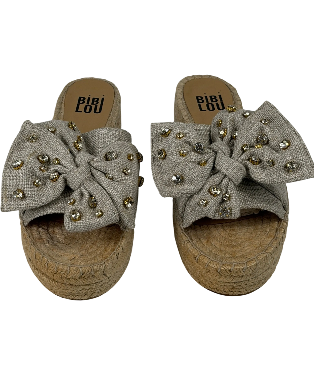 BIBI LOU Beige Linen Crystal-embellished Bow Espadrille Slide Sandals UK 7 EU 40