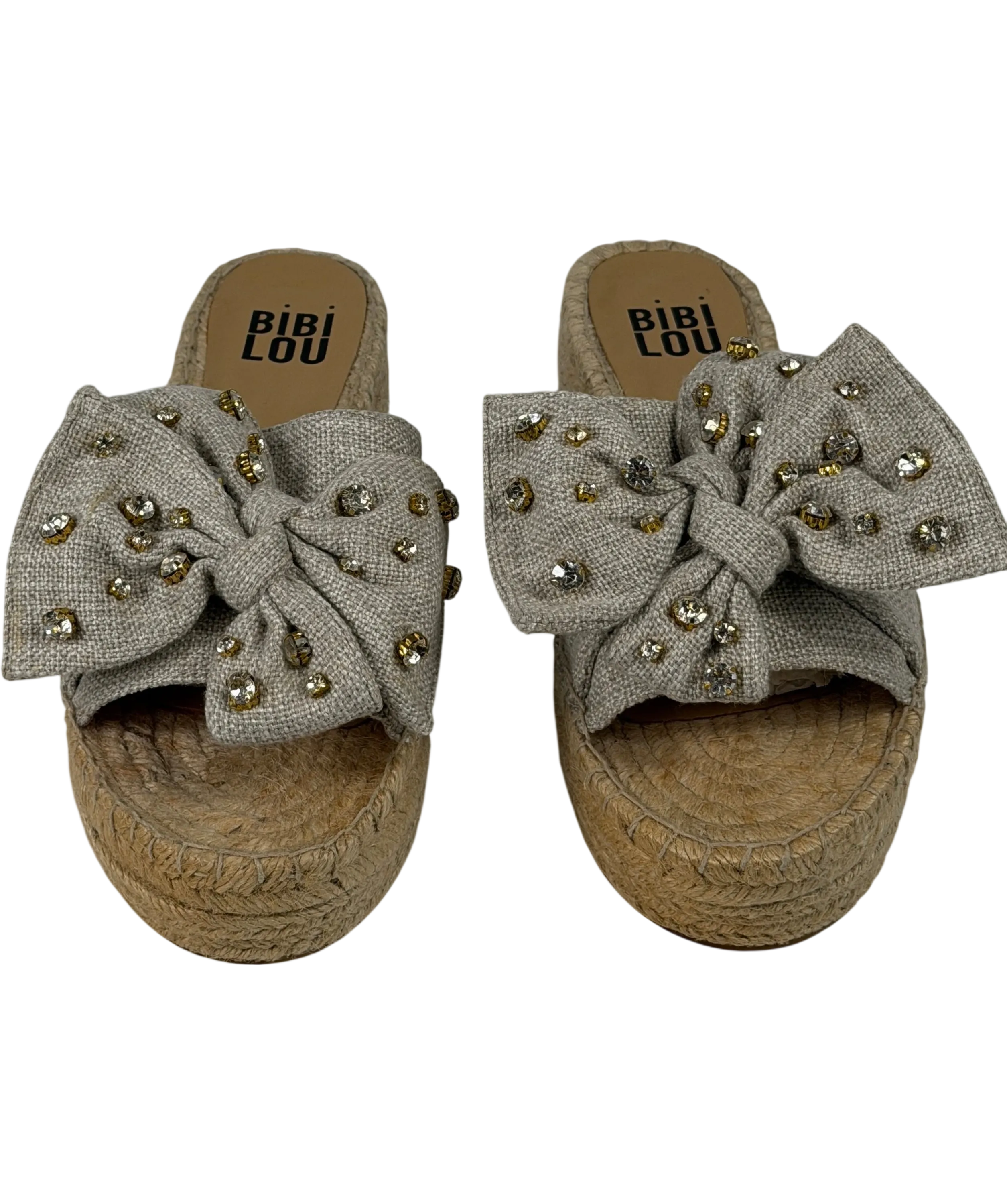 BIBI LOU Beige Linen Crystal-embellished Bow Espadrille Slide Sandals UK 7 EU 40