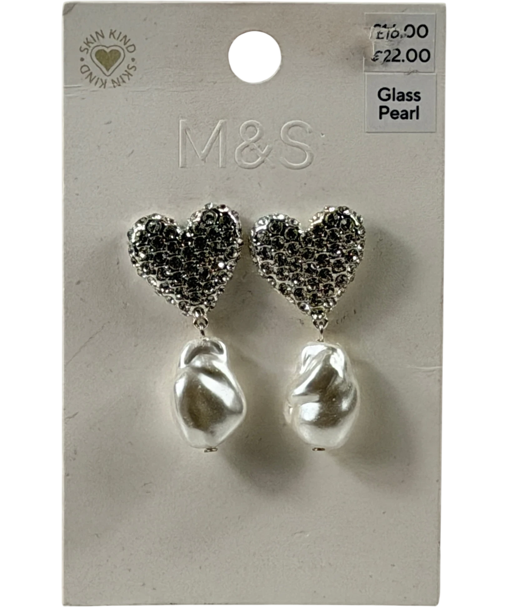 M&S Metallic Collection Skin Kind Diamante Heart Glass Pearl Drop Earrings One Size