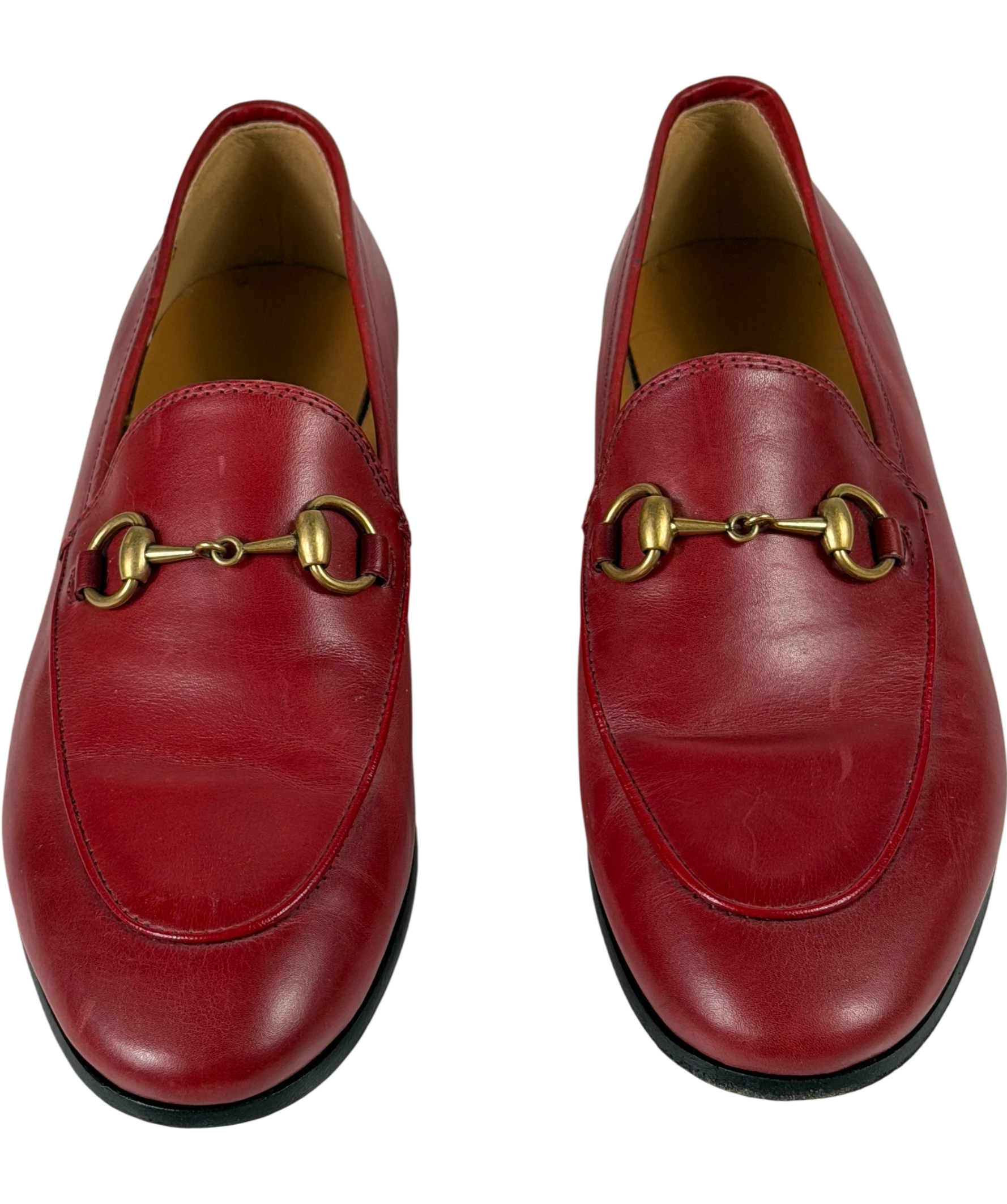 GUCCI Red Leather Jordaan Gold Horsebit Loafers UK 2 EU 35