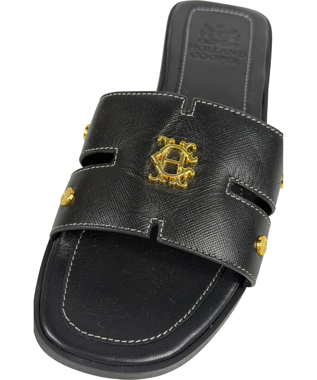 HOLLAND COOPER Heraldic Monogram Slides Black Saffiano / Gold Leogo UK 3 EU 36