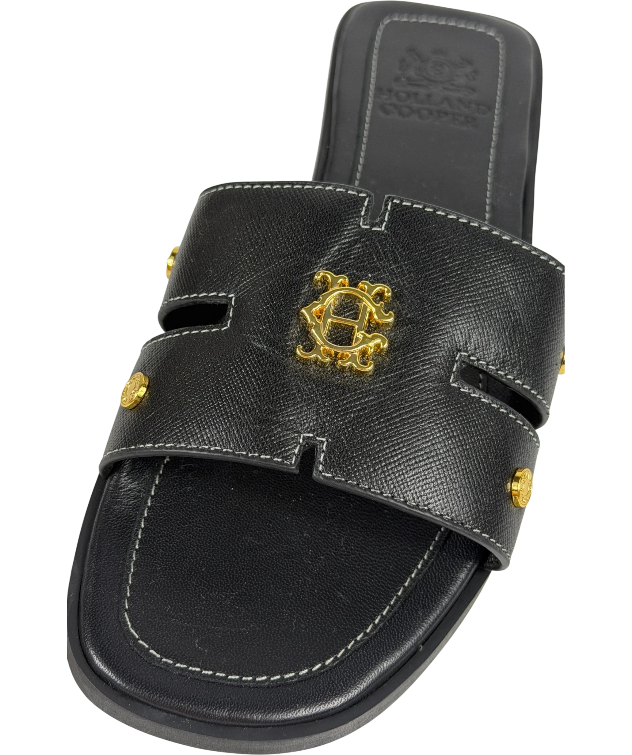 HOLLAND COOPER Heraldic Monogram Slides Black Saffiano / Gold Leogo UK 3 EU 36
