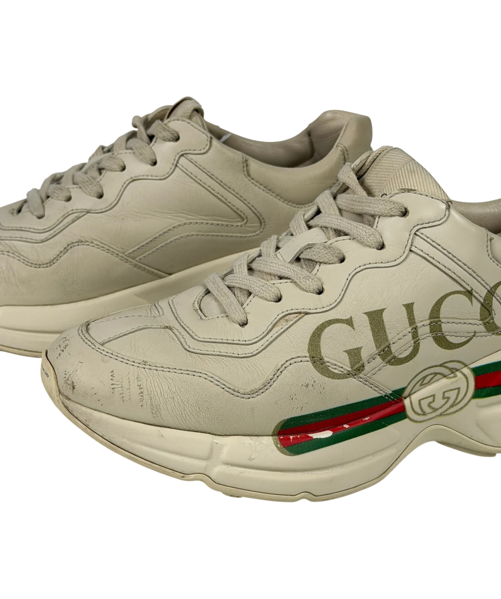 GUCCI Cream Logo Rhyton Leather Trainers UK 3.5 EU 36.5