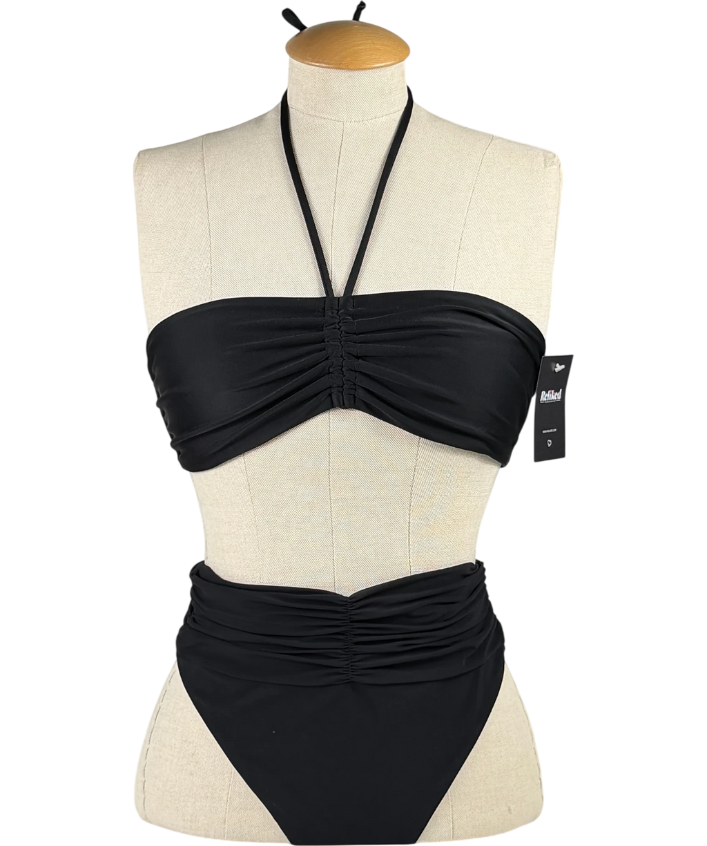 MAGDA BUTRYM Black Ruched Bandeau Halter Neck High Waisted Bikini Set UK S