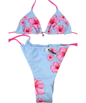 Sunkissed Swim Light Blue Pink Hibiscus Floral Bikini Set Size M UK 10