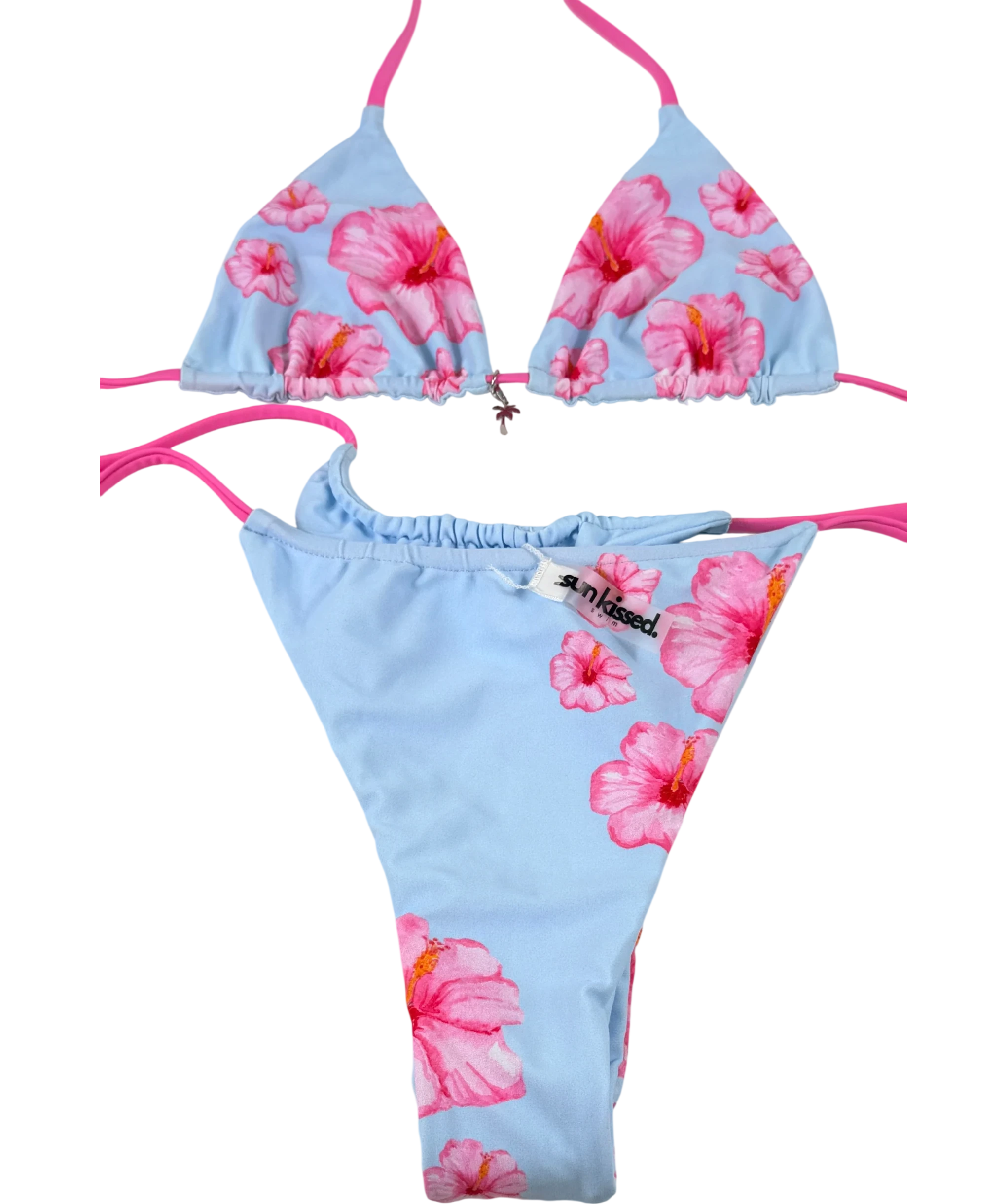 Sunkissed Swim Light Blue Pink Hibiscus Floral Bikini Set Size M UK 10