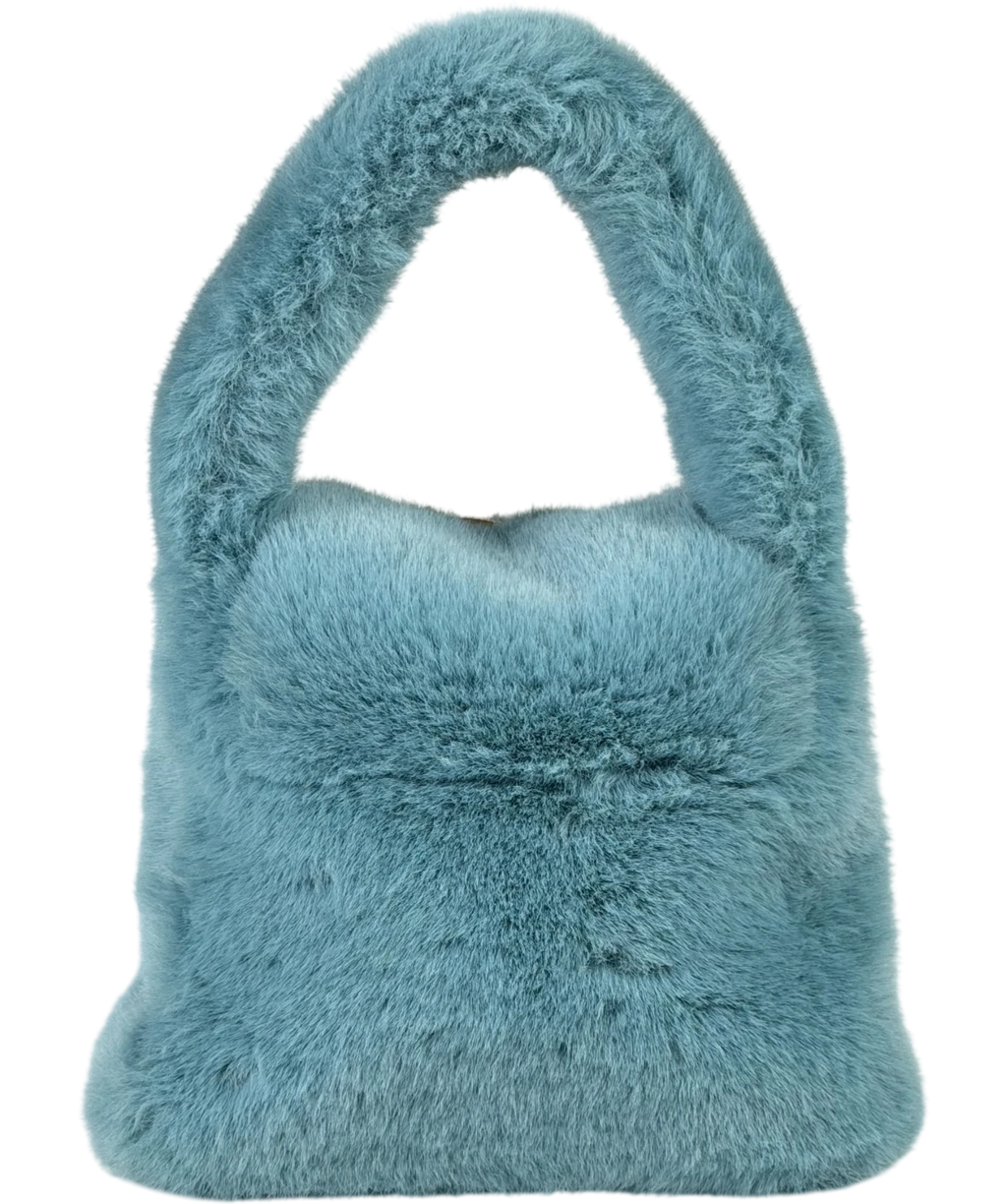BLUMARINE Faux Fur Top Handle Bag With Brocch Logo In Lagoon Blue One Size