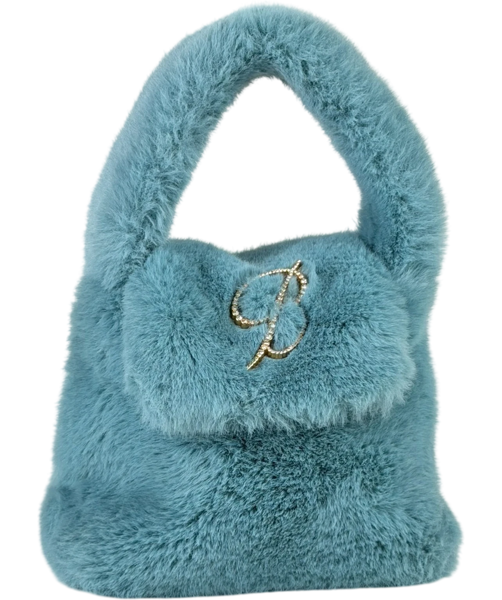 BLUMARINE Faux Fur Top Handle Bag With Brocch Logo In Lagoon Blue One Size