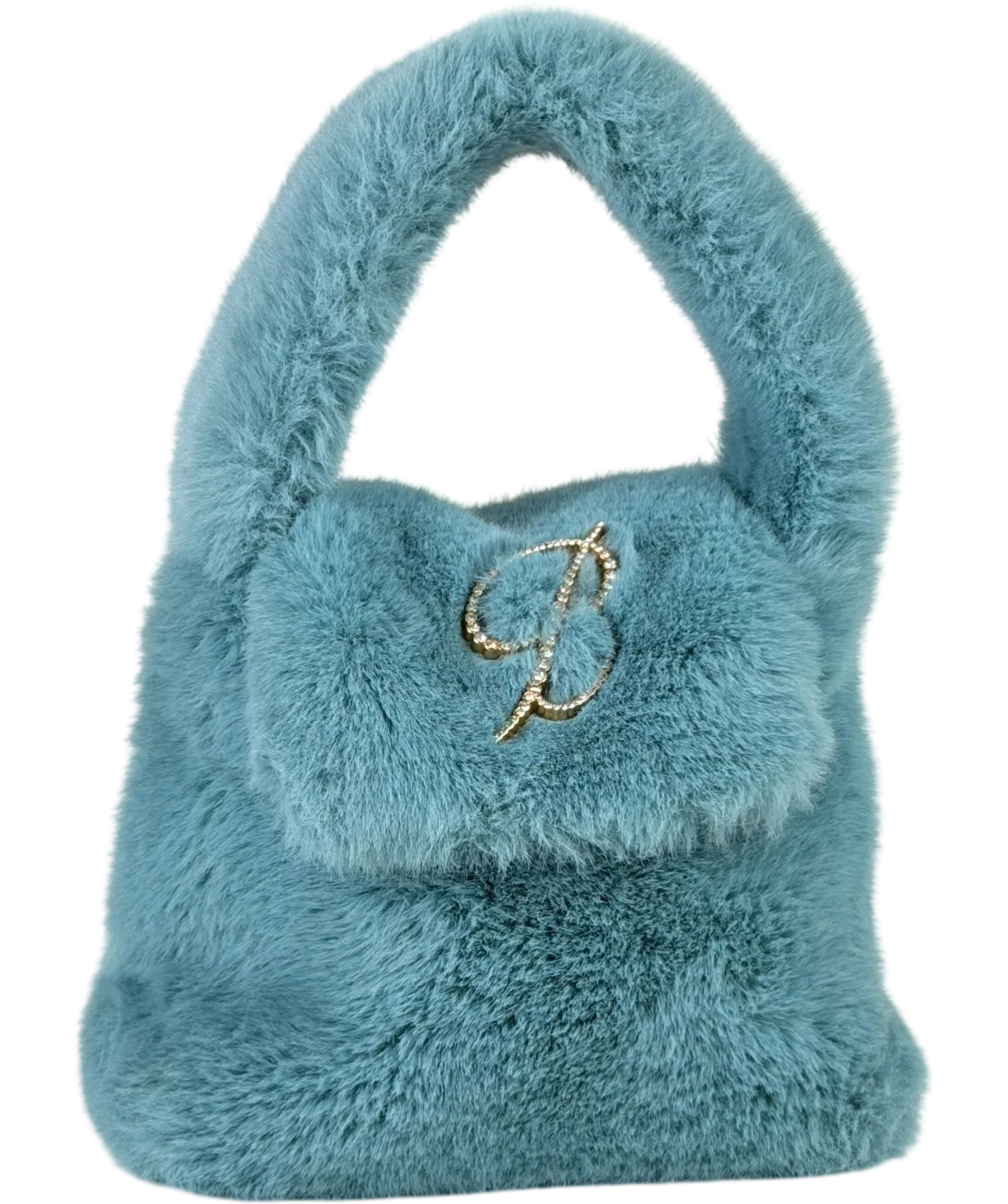 BLUMARINE Faux Fur Top Handle Bag With Brocch Logo In Lagoon Blue One Size