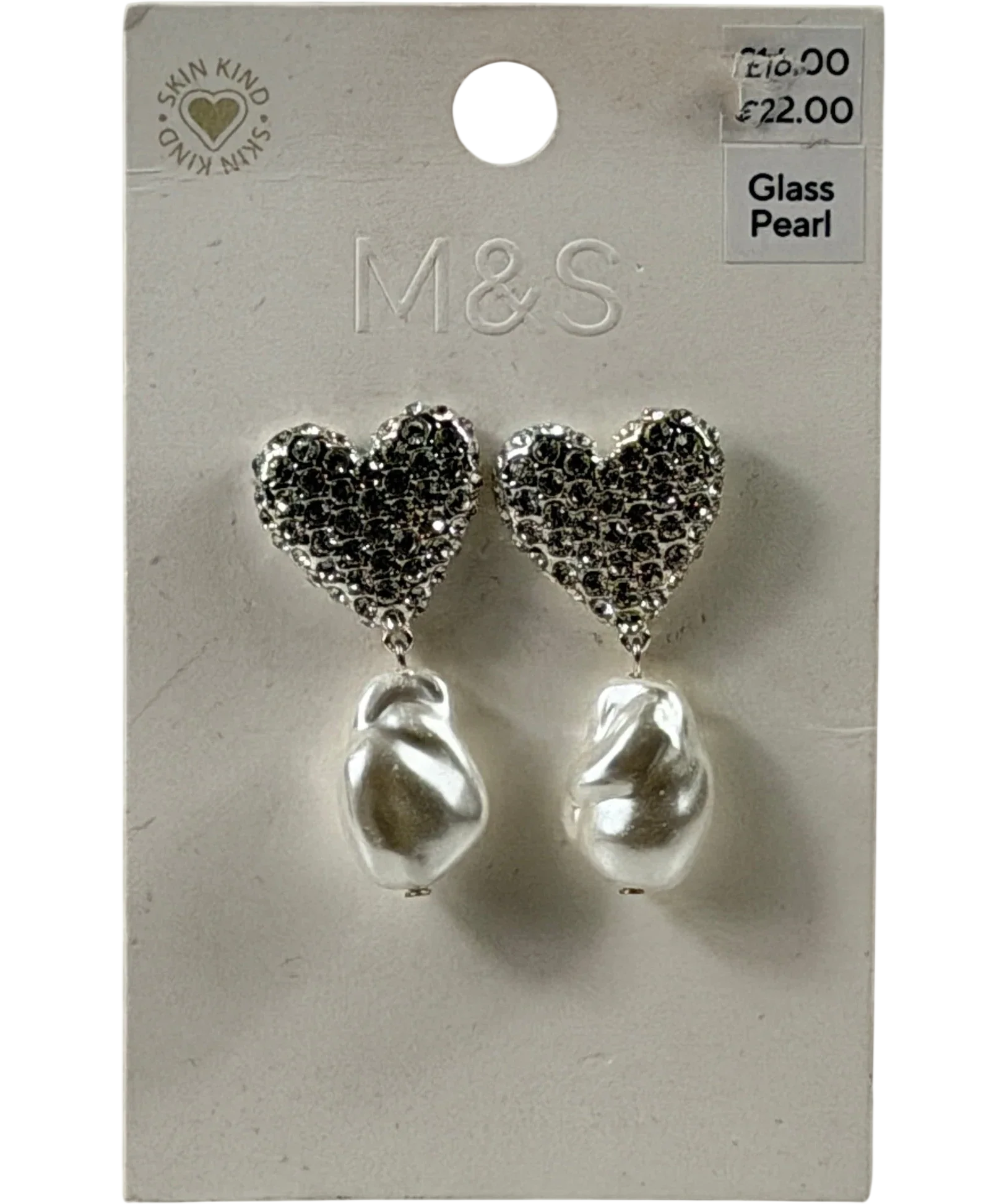 M&S Metallic Collection Skin Kind Diamante Heart Glass Pearl Drop Earrings One Size