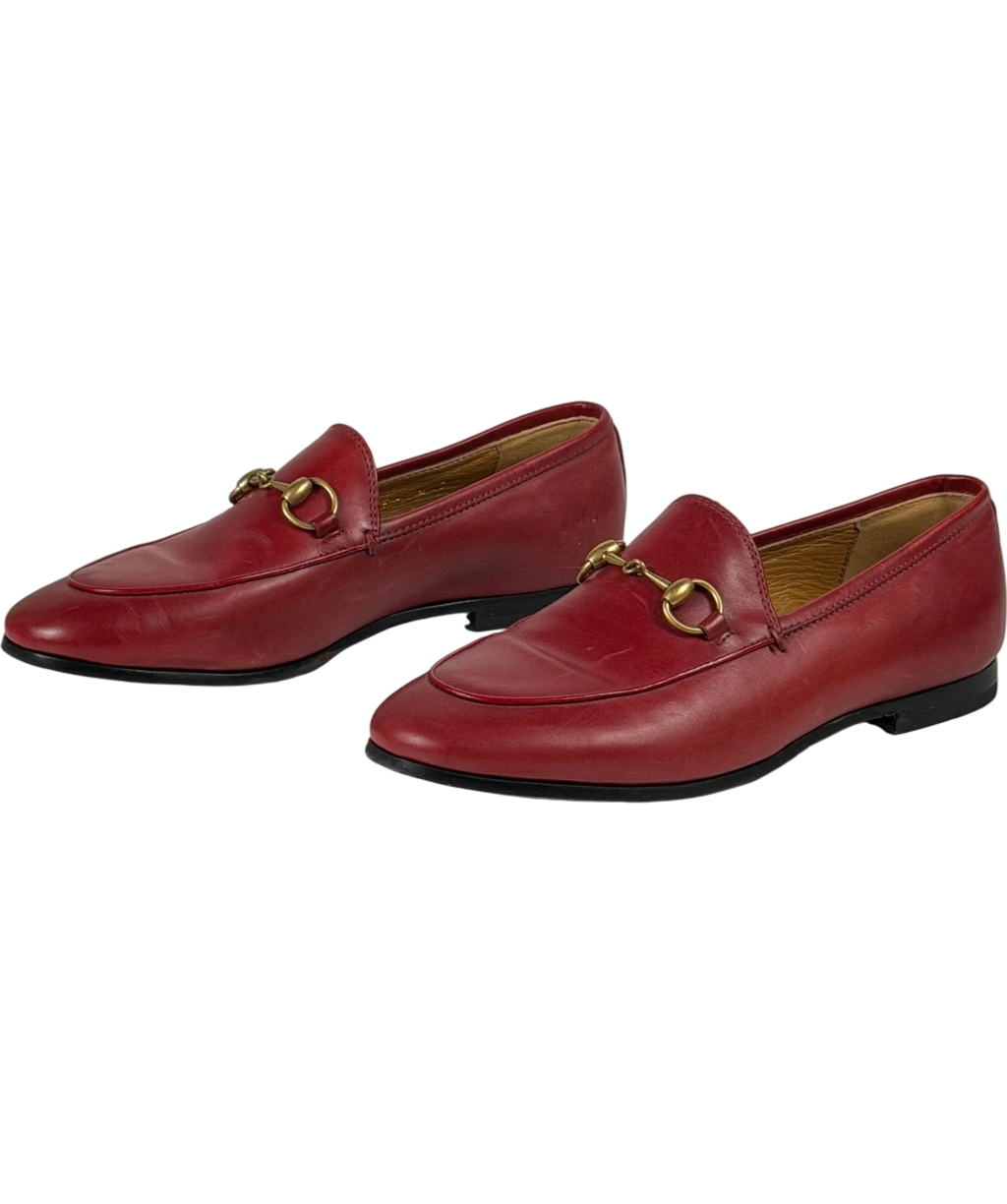 GUCCI Red Leather Jordaan Gold Horsebit Loafers UK 2 EU 35