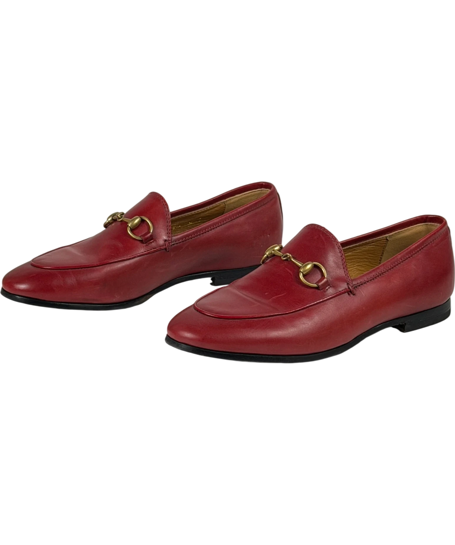 GUCCI Red Leather Jordaan Gold Horsebit Loafers UK 2 EU 35