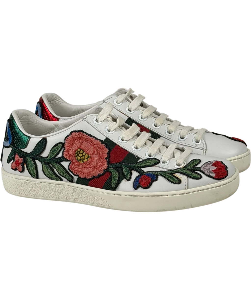 Gucci White Leather Ace Floral Embroidered Low-top Trainers Bow Heels UK 2 EU 35