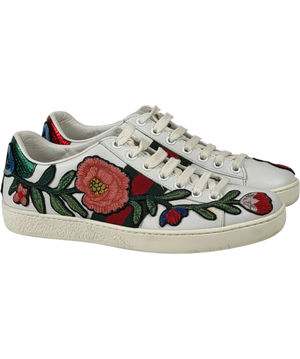 Gucci White Leather Ace Floral Embroidered Low-top Trainers Bow Heels UK 2 EU 35