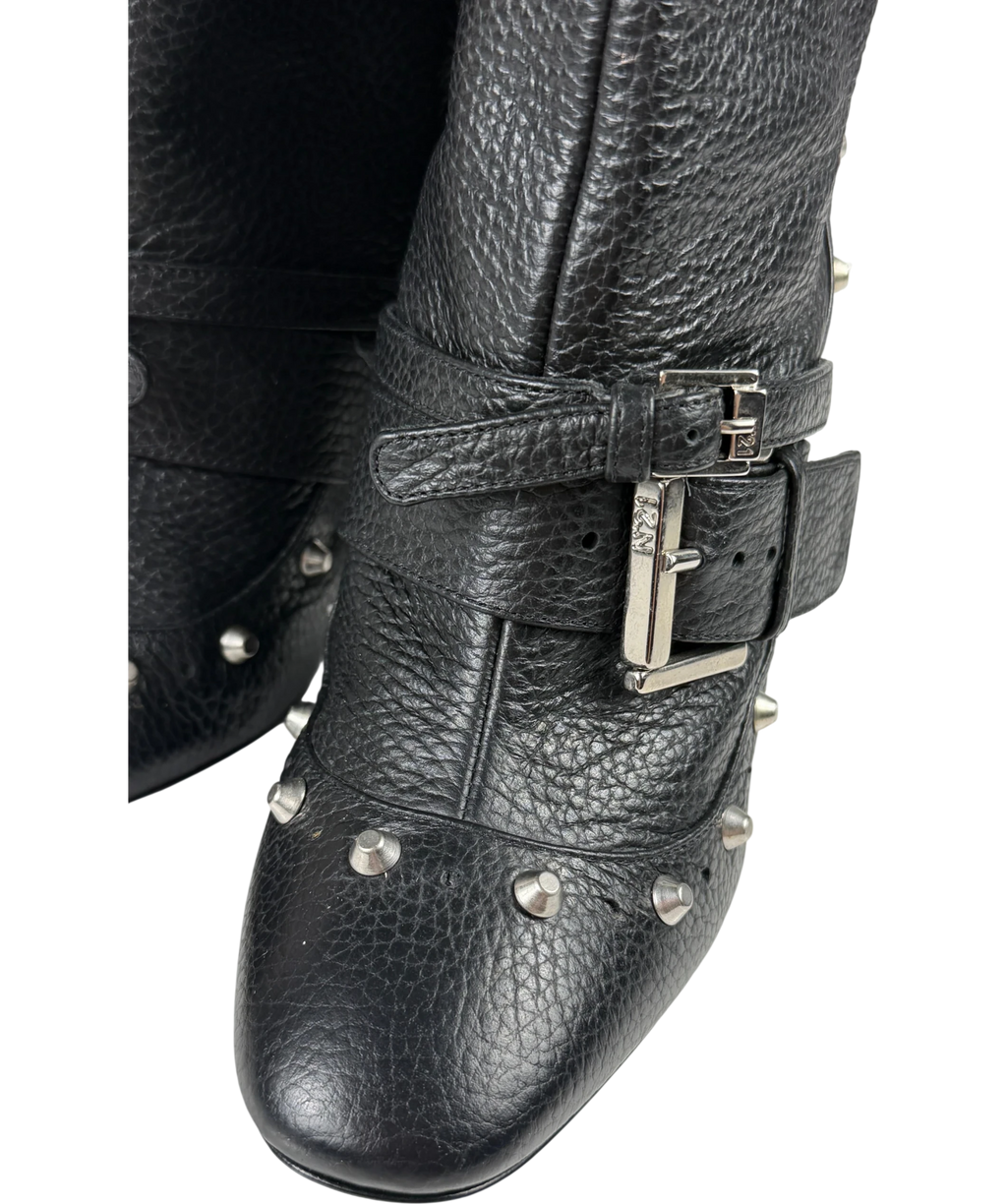 No21 Black Leather Studded Buckle Block Heel Ankle Boots UK 8 EU 41