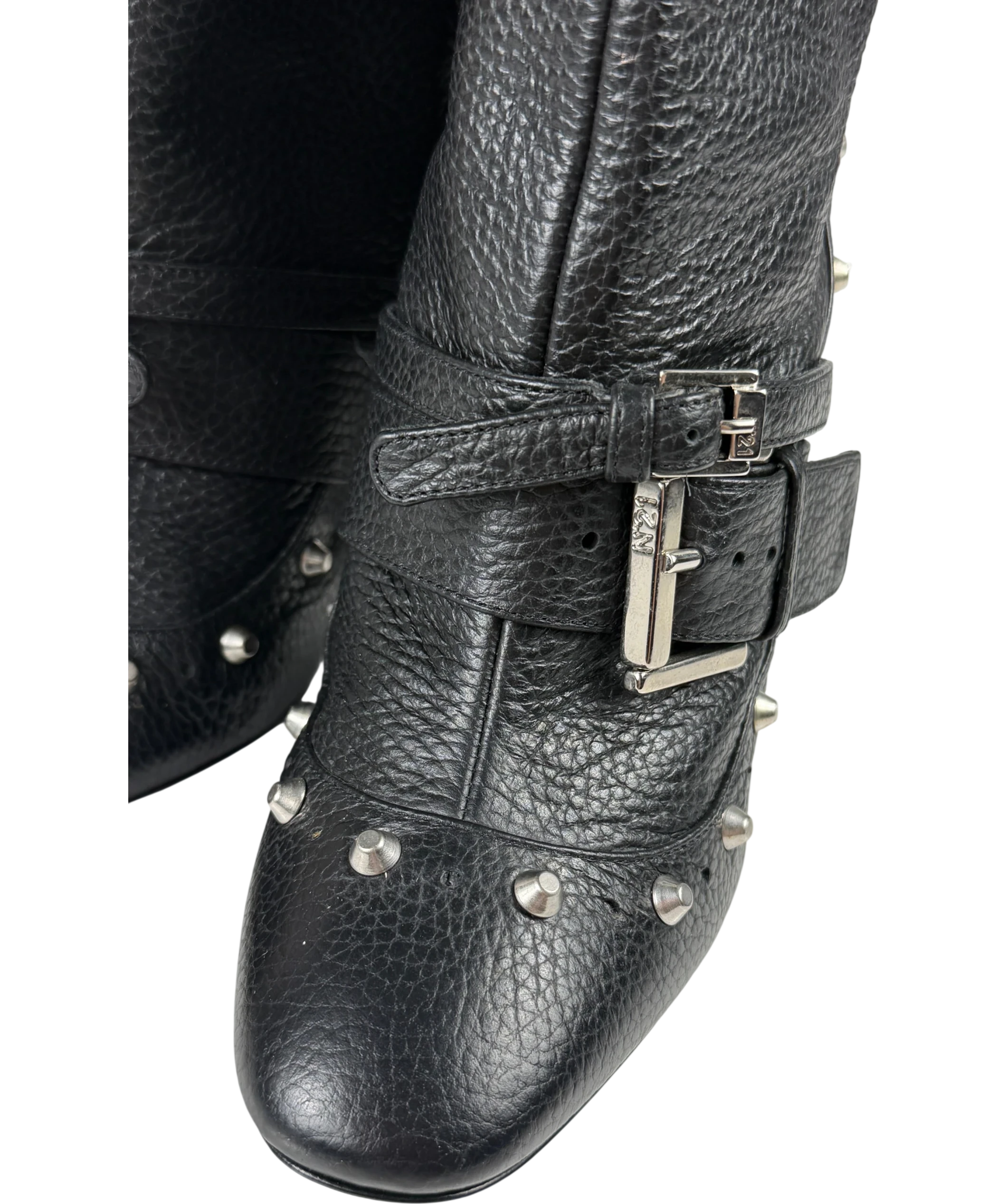 No21 Black Leather Studded Buckle Block Heel Ankle Boots UK 8 EU 41