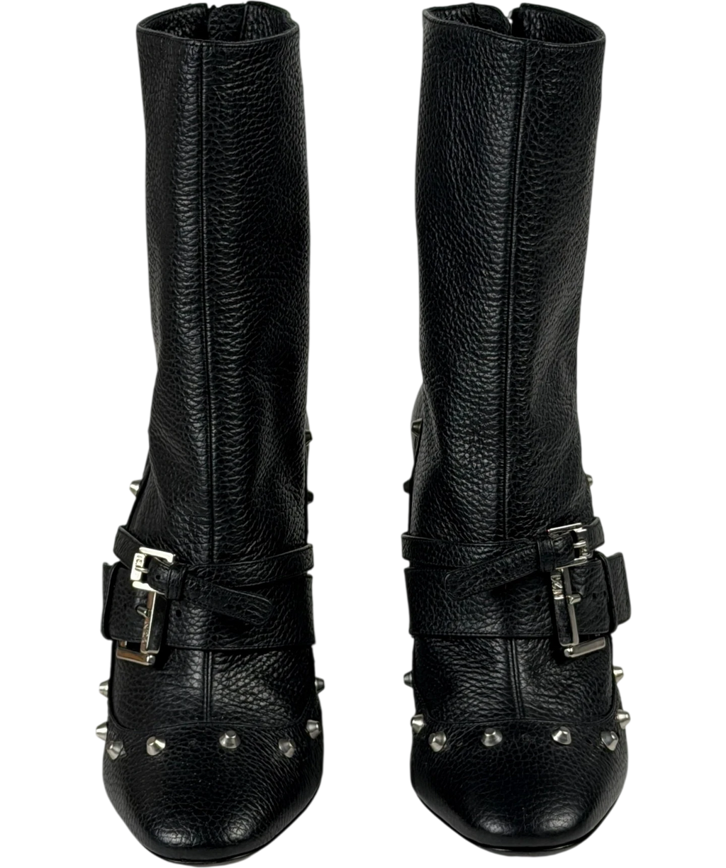 No21 Black Leather Studded Buckle Block Heel Ankle Boots UK 8 EU 41
