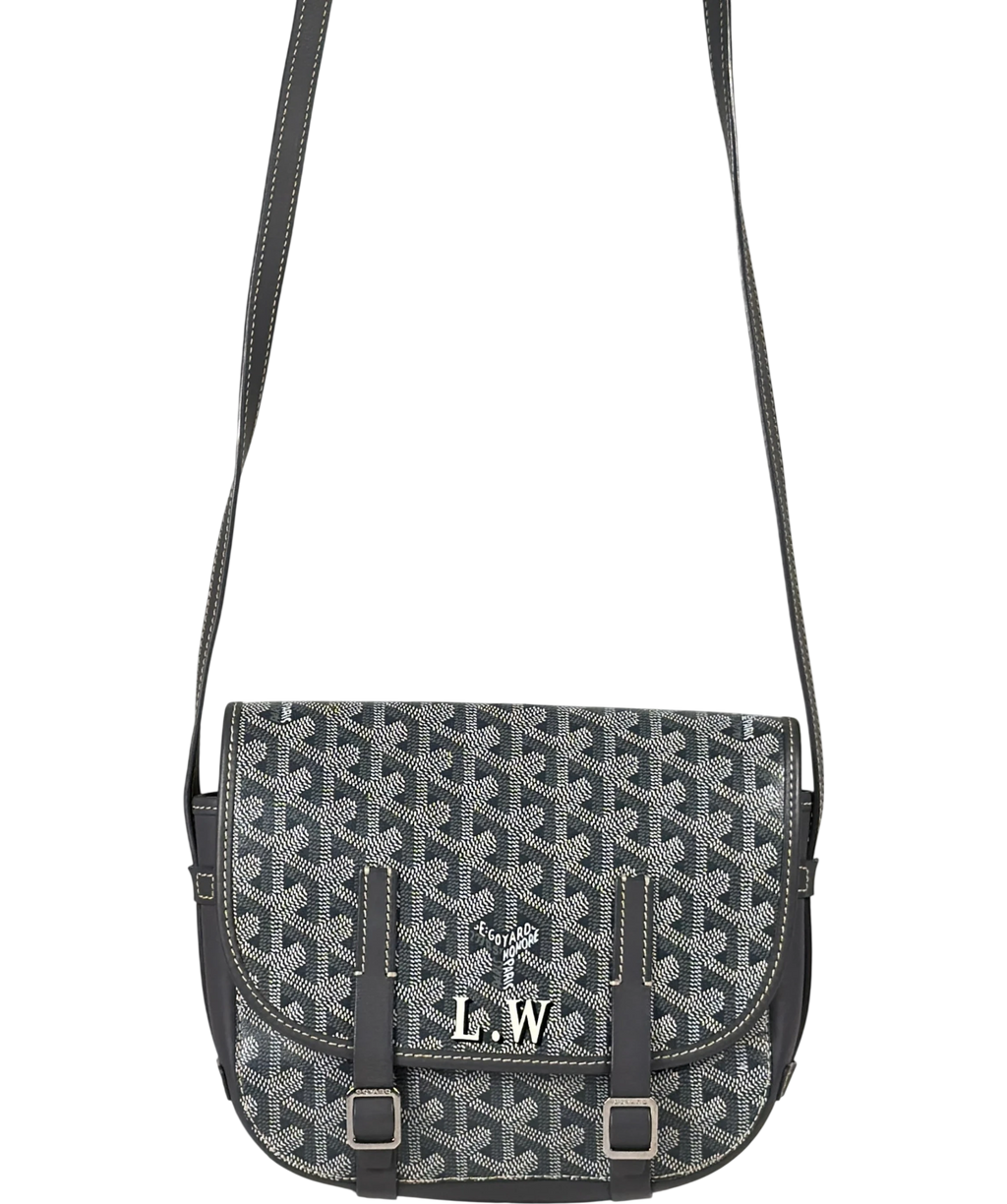 GOYARD Personalized "L.W" Grey Goyardine Canvas Belvedere Pm Messenger Bag
