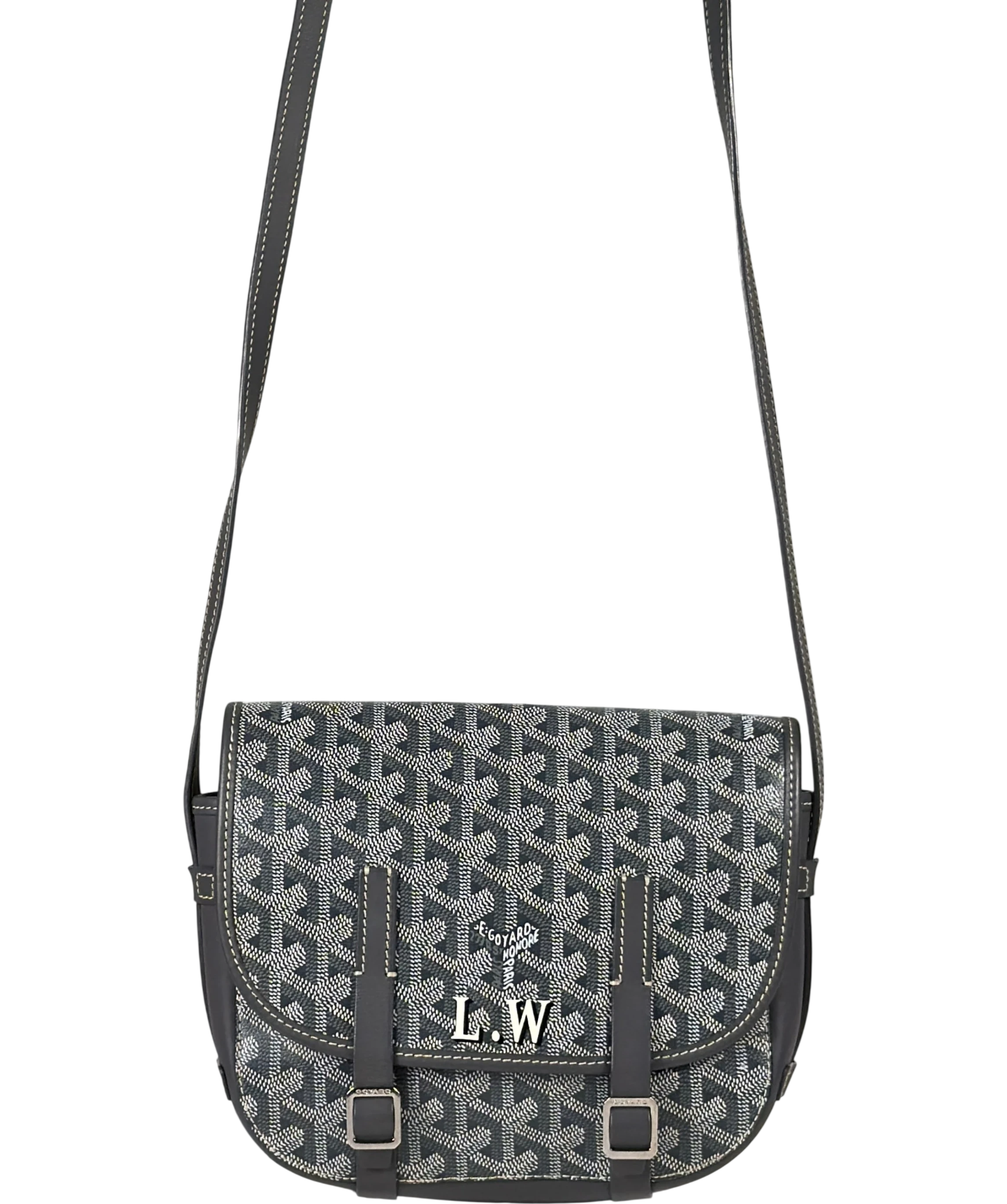 GOYARD Personalized "L.W" Grey Goyardine Canvas Belvedere Pm Messenger Bag