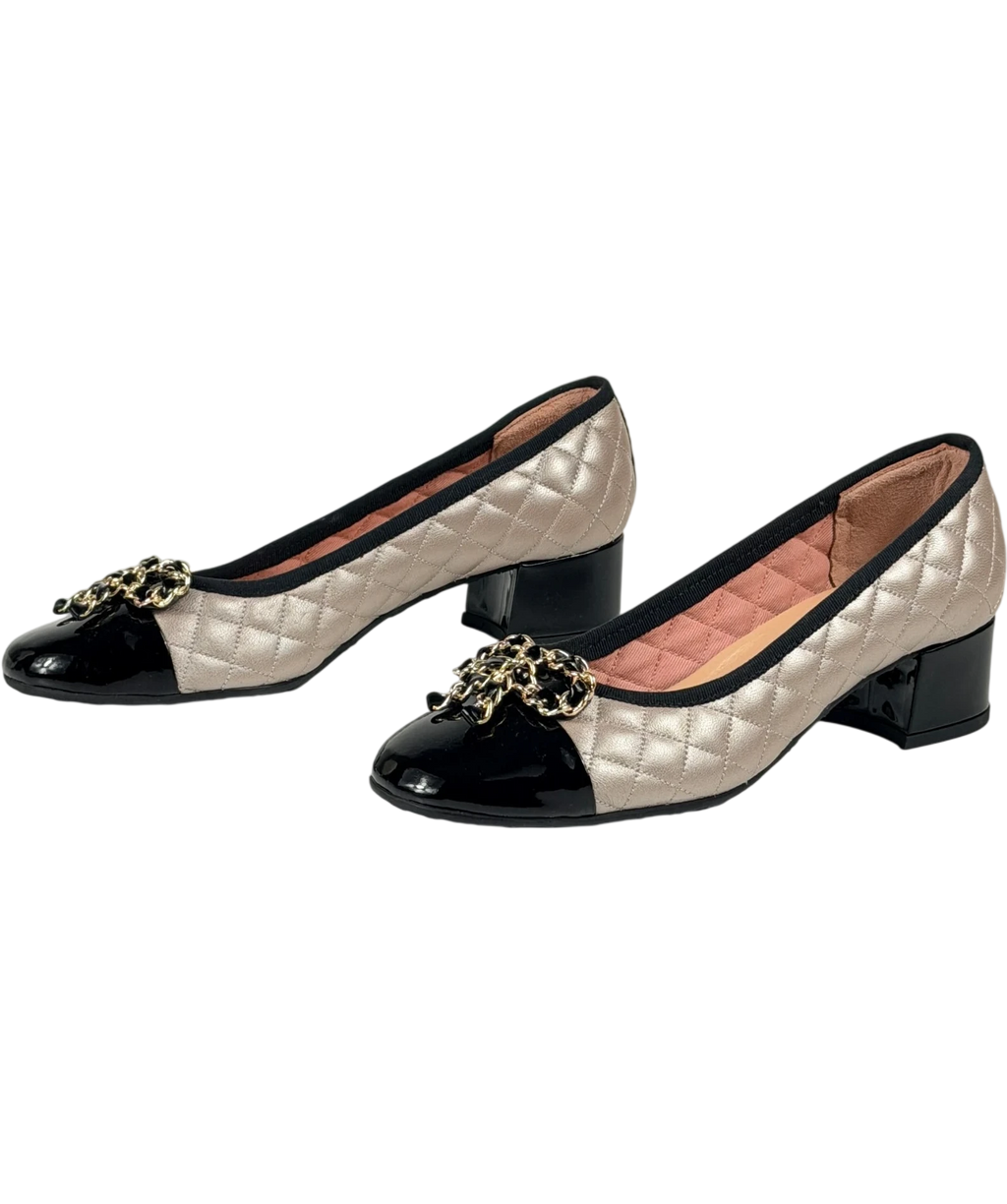 VARIO Quilted Block Heel Pumps In Taupe And Black UK 4 EU 37