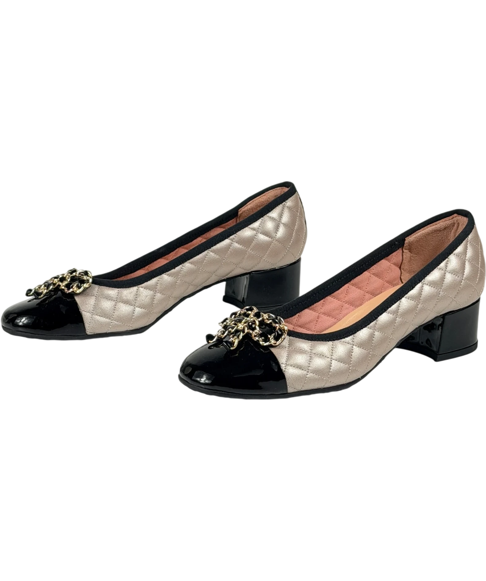 VARIO Quilted Block Heel Pumps In Taupe And Black UK 4 EU 37