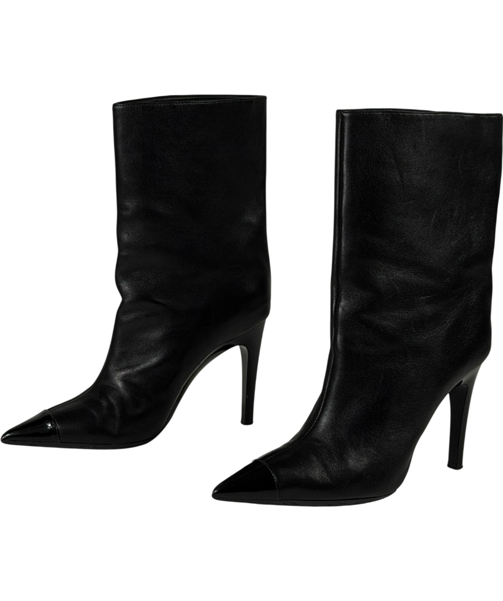 JIMMY CHOO Black Leather Pointed Toe Ankle Boots With Patent Cap Toe UK 5 EU 38