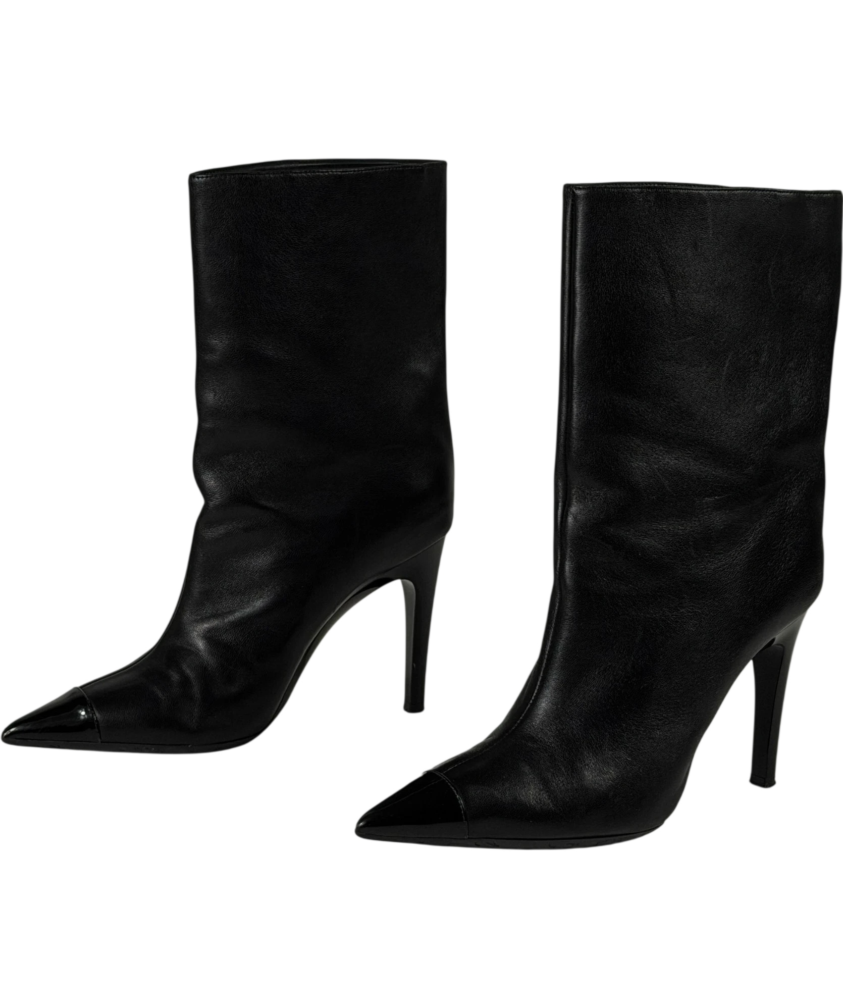 JIMMY CHOO Black Leather Pointed Toe Ankle Boots With Patent Cap Toe UK 5 EU 38
